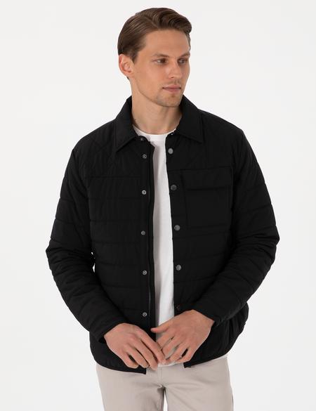 Siyah Gömlek Yaka Kapitone Mont - 50305698004