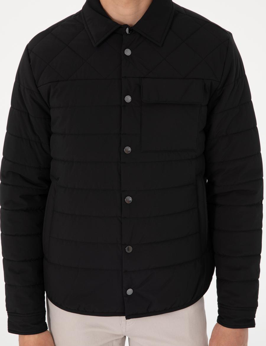 Siyah Gömlek Yaka Kapitone Mont