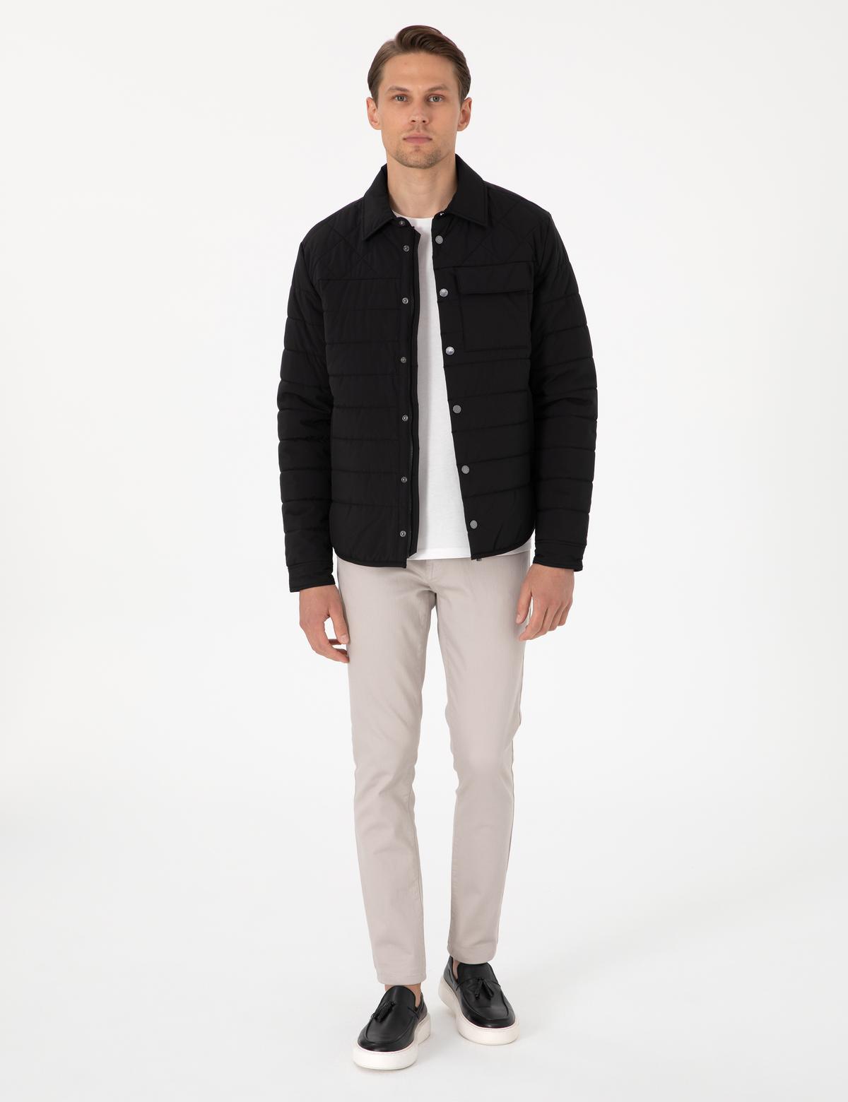 Siyah Gömlek Yaka Kapitone Mont - 50305698004