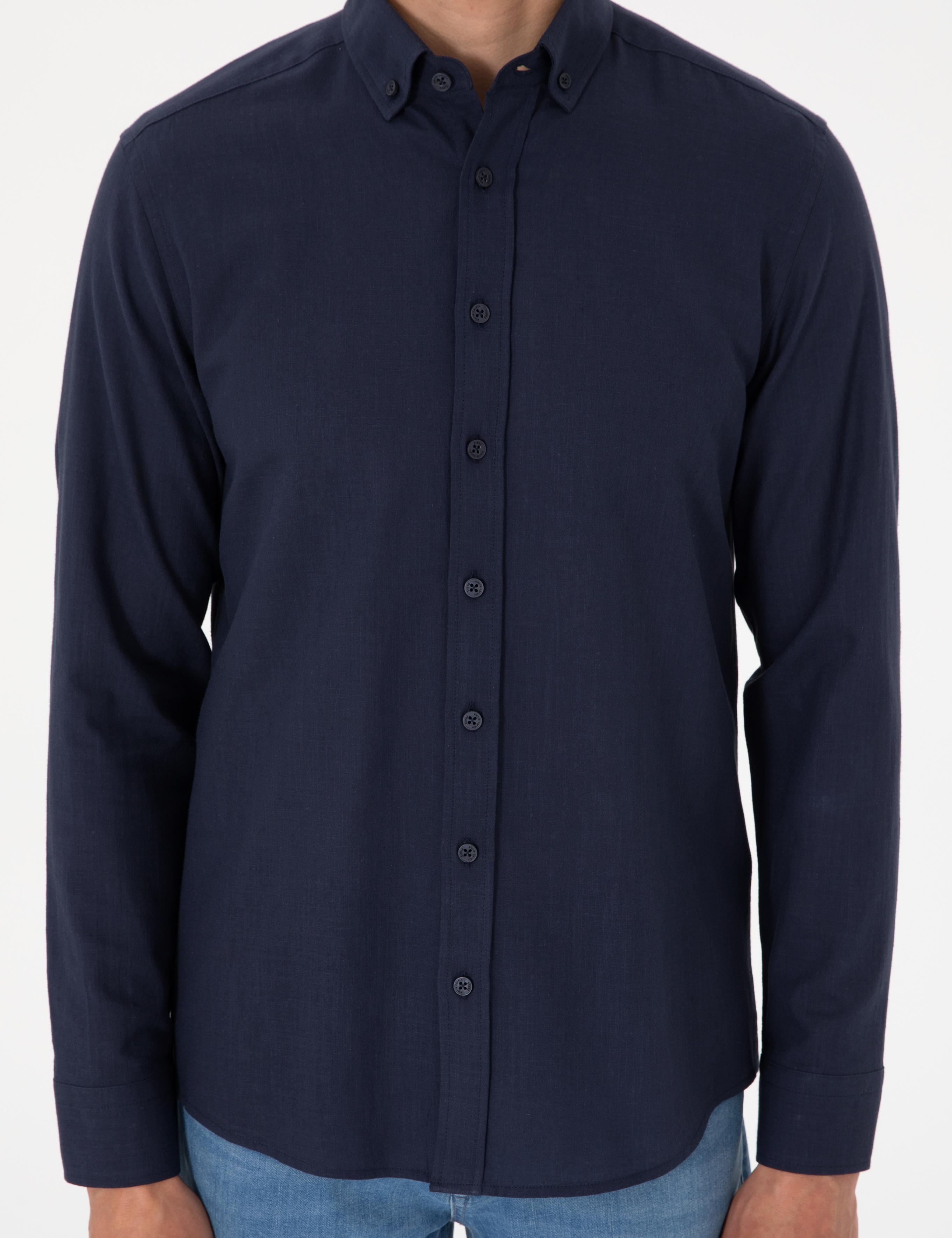 Koyu Lacivert Keten Görünümlü Slim Fit Uzun Kollu Gömlek
