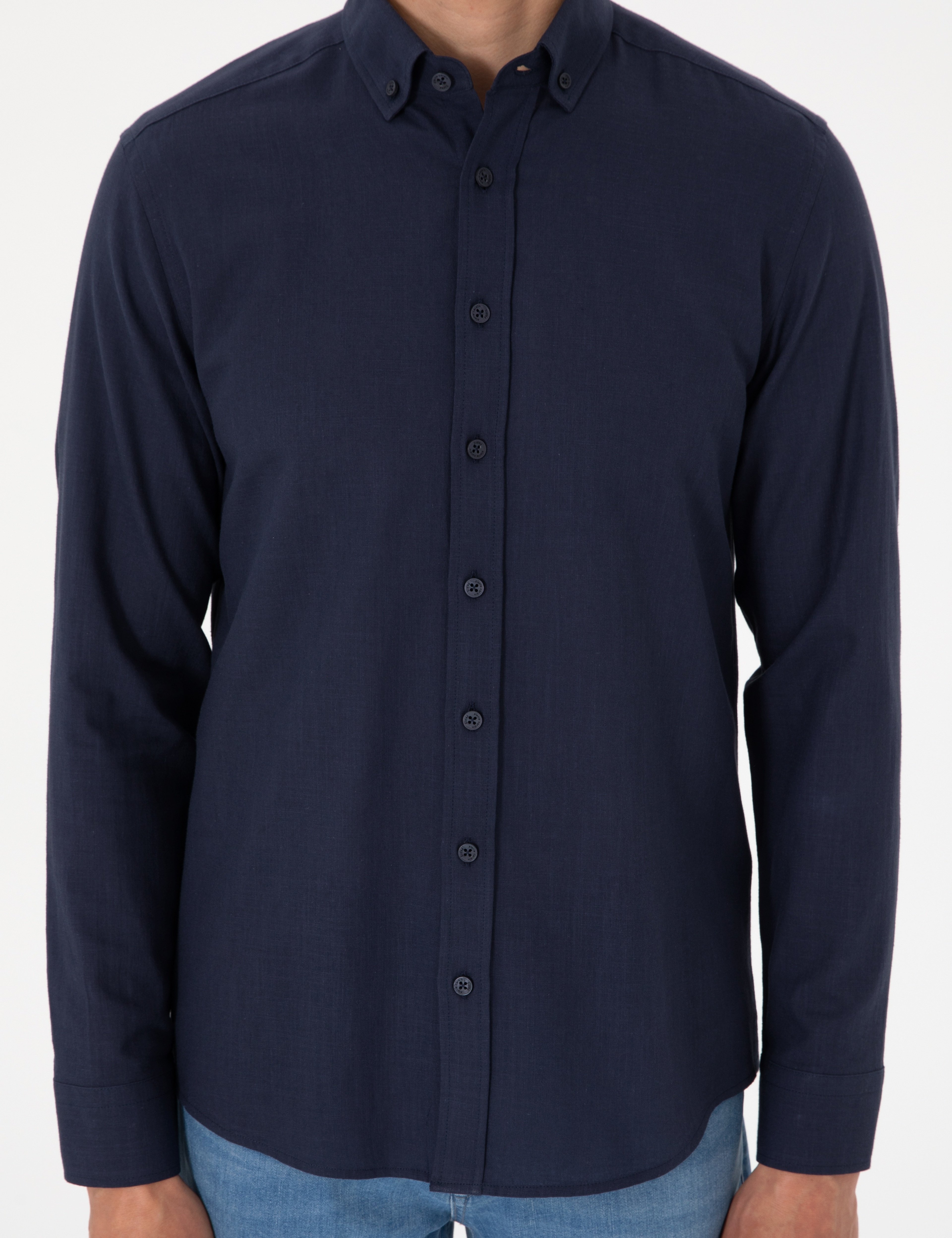 Koyu Lacivert Keten Görünümlü Slim Fit Uzun Kollu Gömlek
