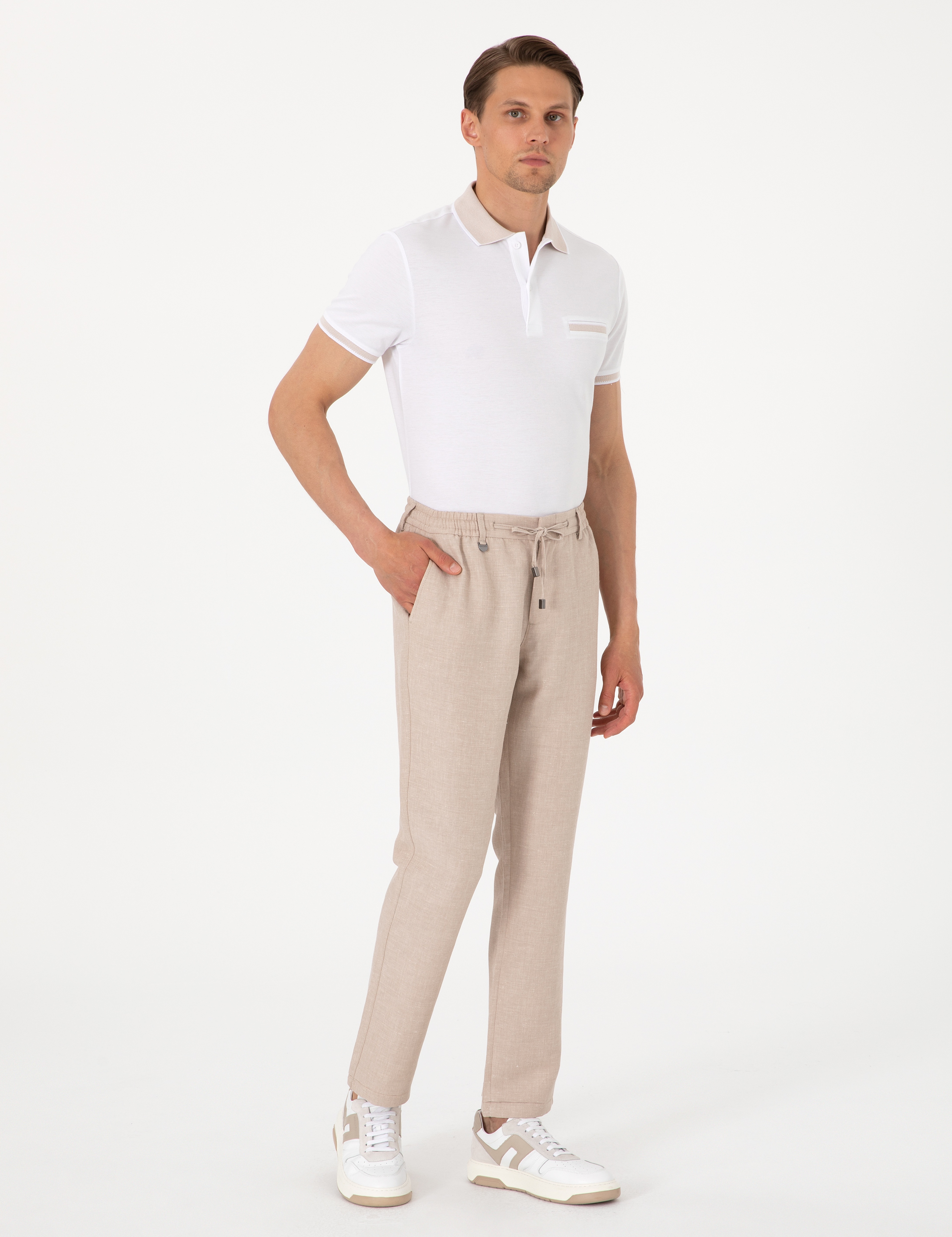 Açık Kahverengi Slim Fit Keten Karışımlı Pantolon - Image 1