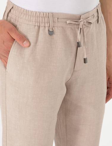 Açık Kahverengi Slim Fit Keten Karışımlı Pantolon