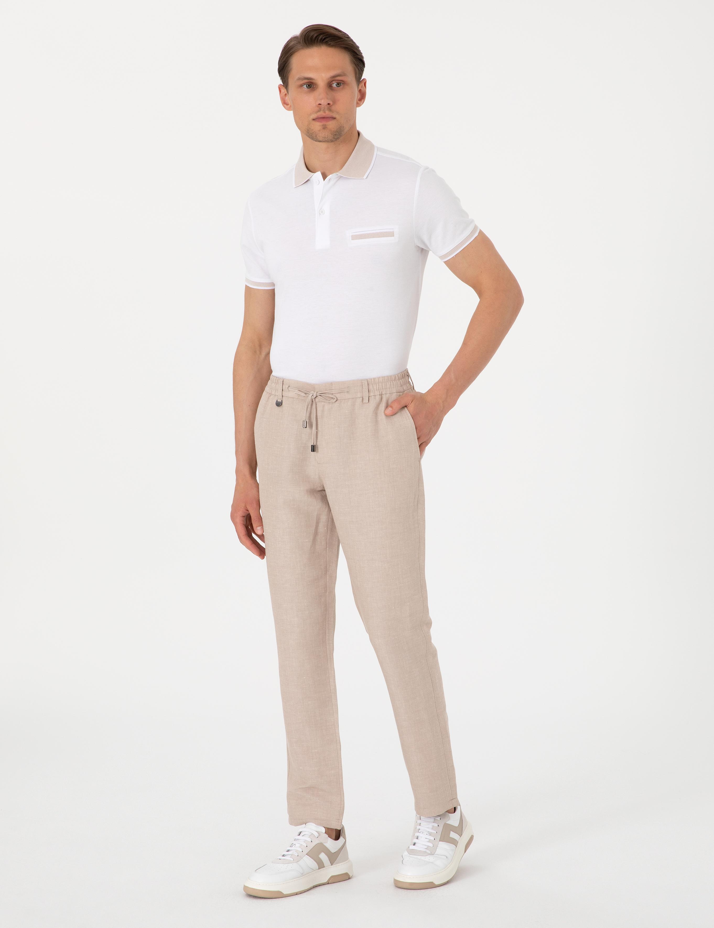 Açık Kahverengi Slim Fit Keten Karışımlı Pantolon