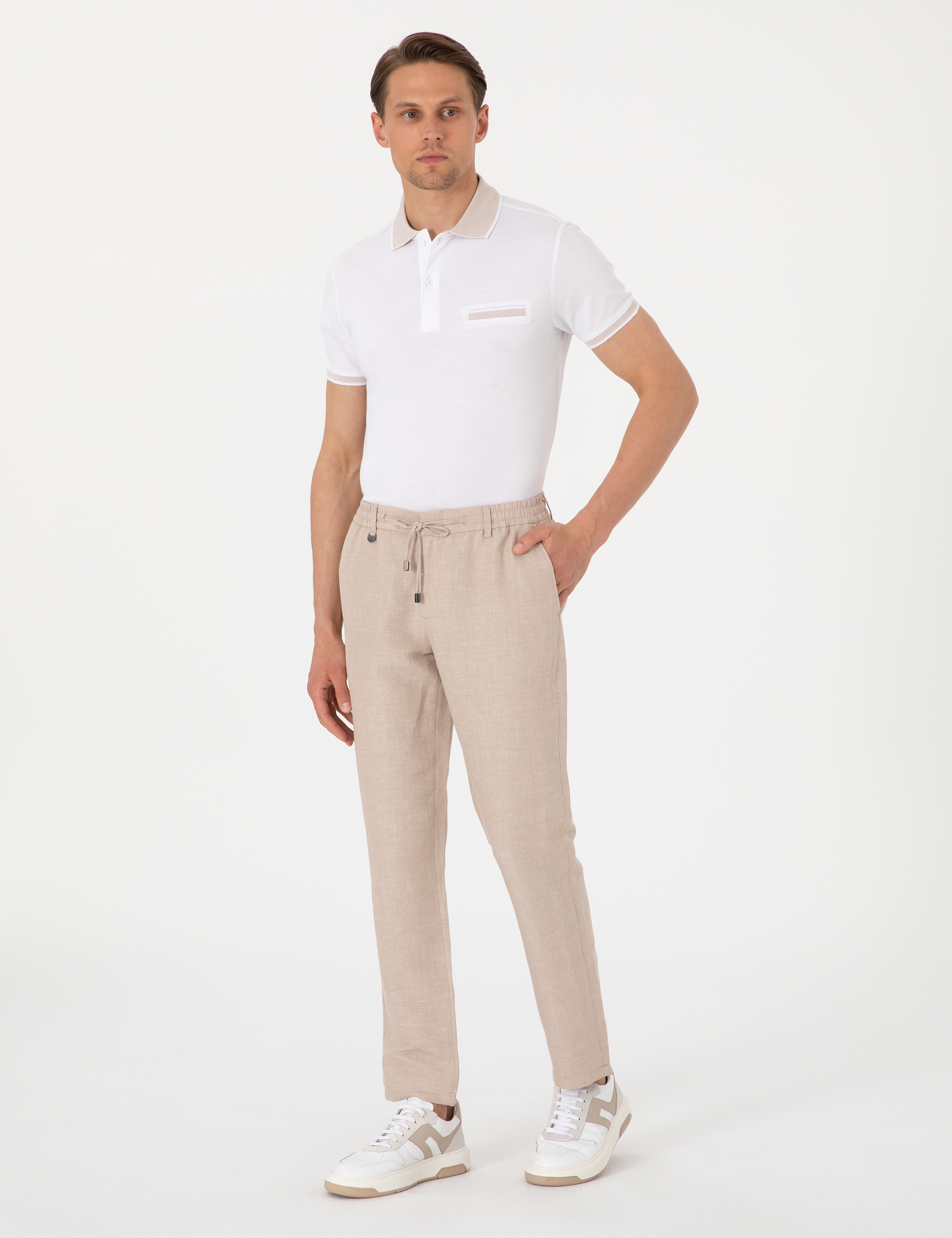 Açık Kahverengi Slim Fit Keten Karışımlı Pantolon - Image 3