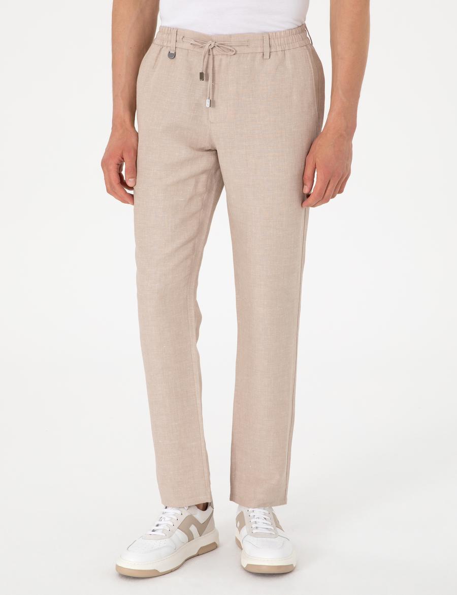 Açık Kahverengi Slim Fit Keten Karışımlı Pantolon