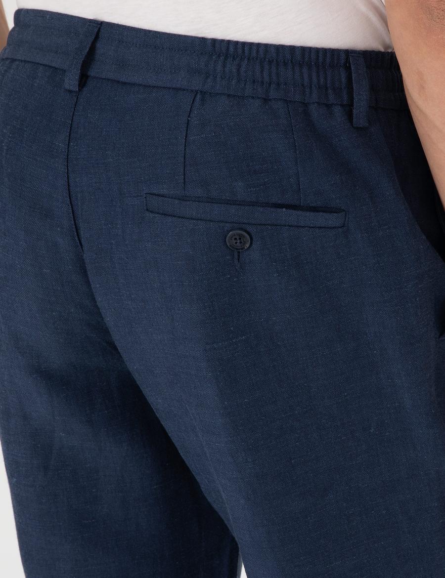 Lacivert Slim Fit Keten Karışımlı Pantolon