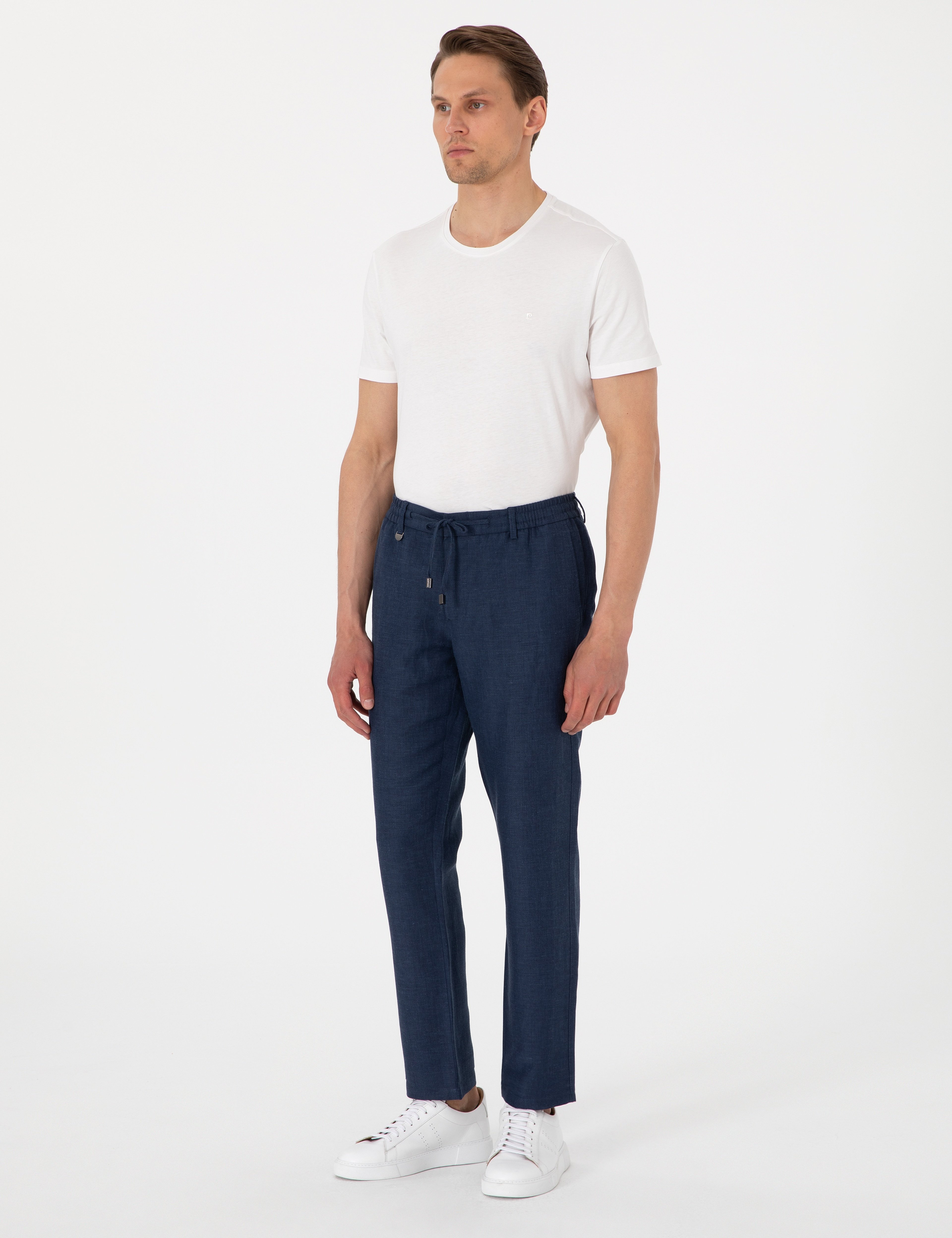 Lacivert Slim Fit Keten Karışımlı Pantolon