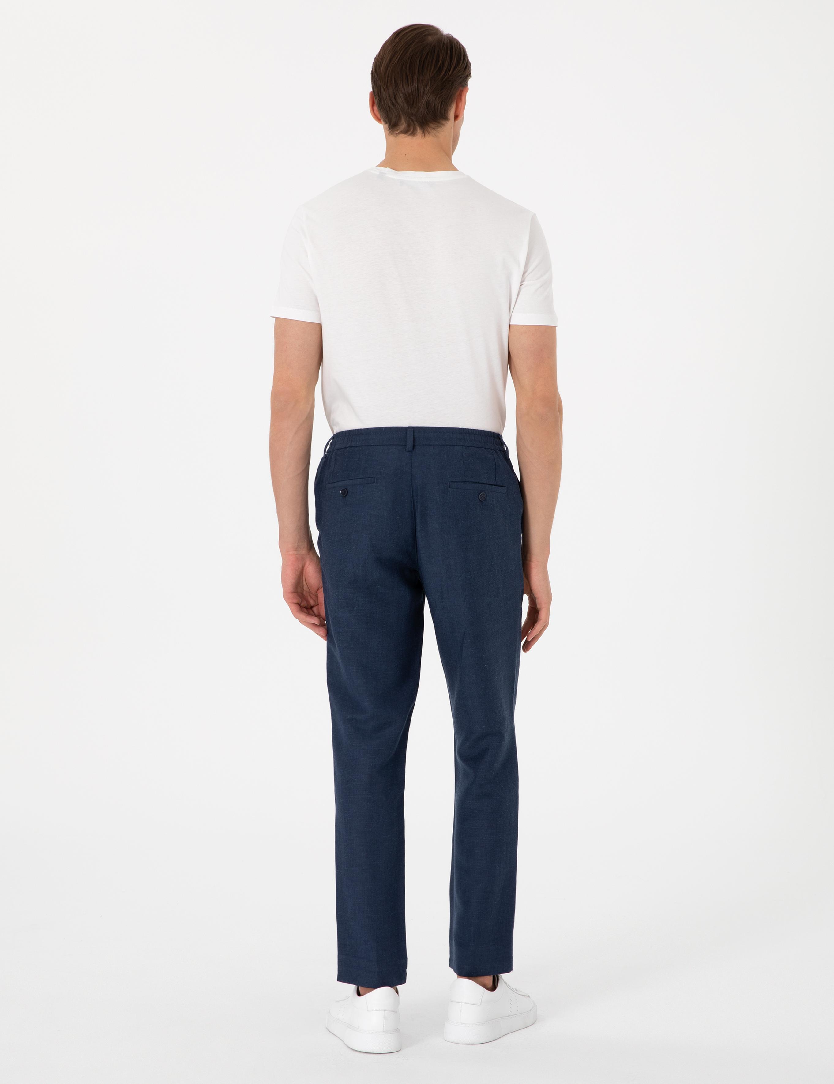 Lacivert Slim Fit Keten Karışımlı Pantolon