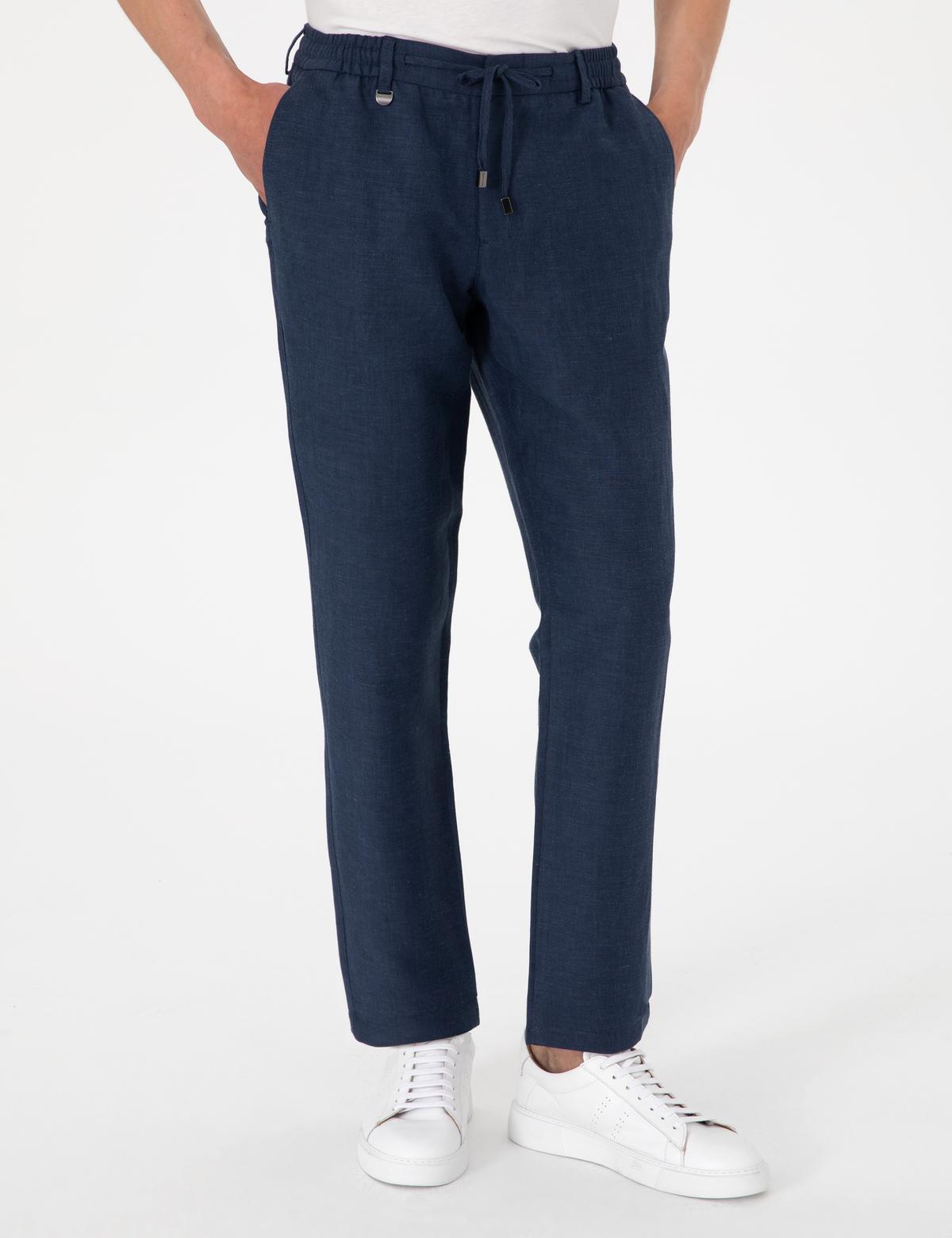 Lacivert Slim Fit Keten Karışımlı Pantolon - 50306717039