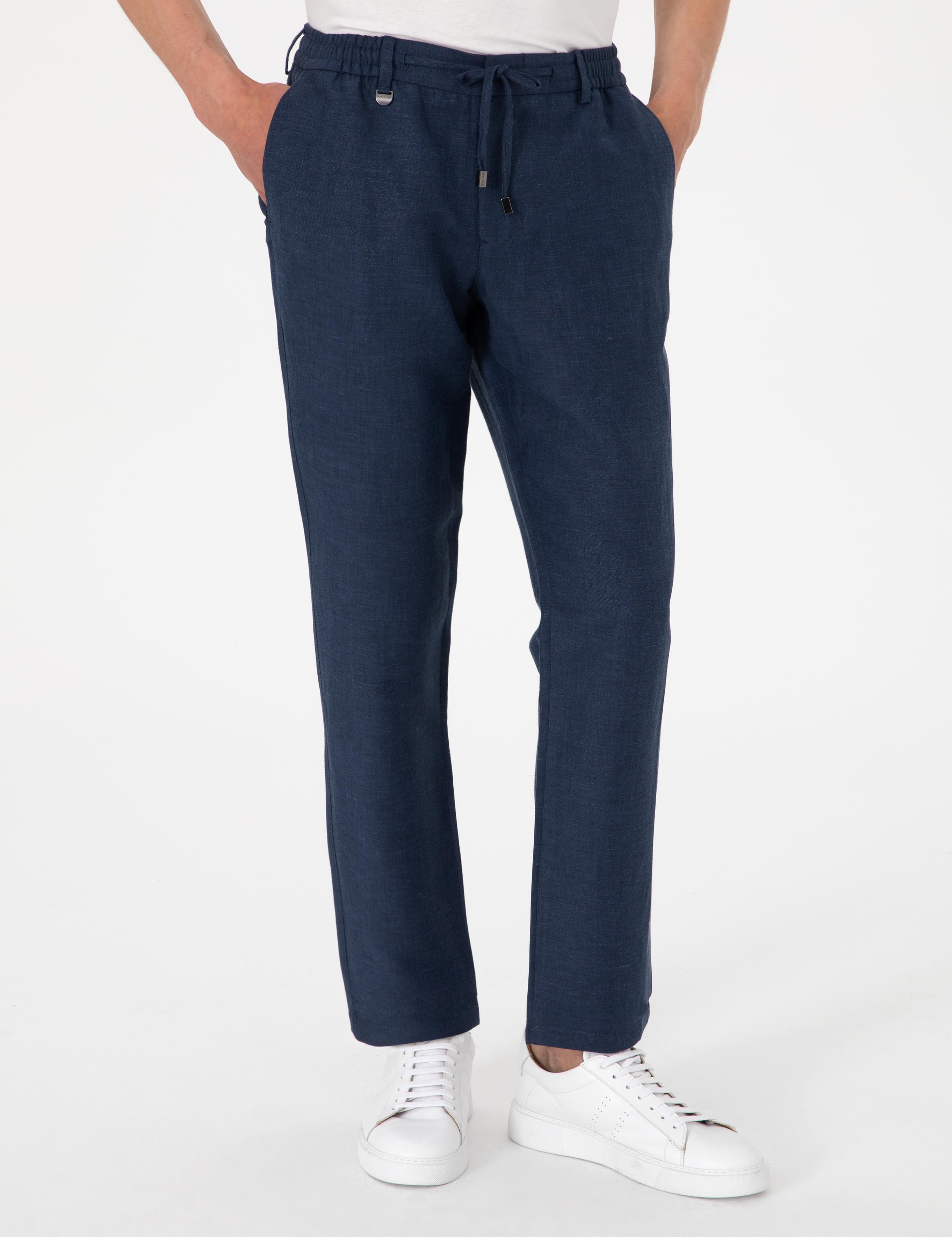 Lacivert Slim Fit Keten Karışımlı Pantolon