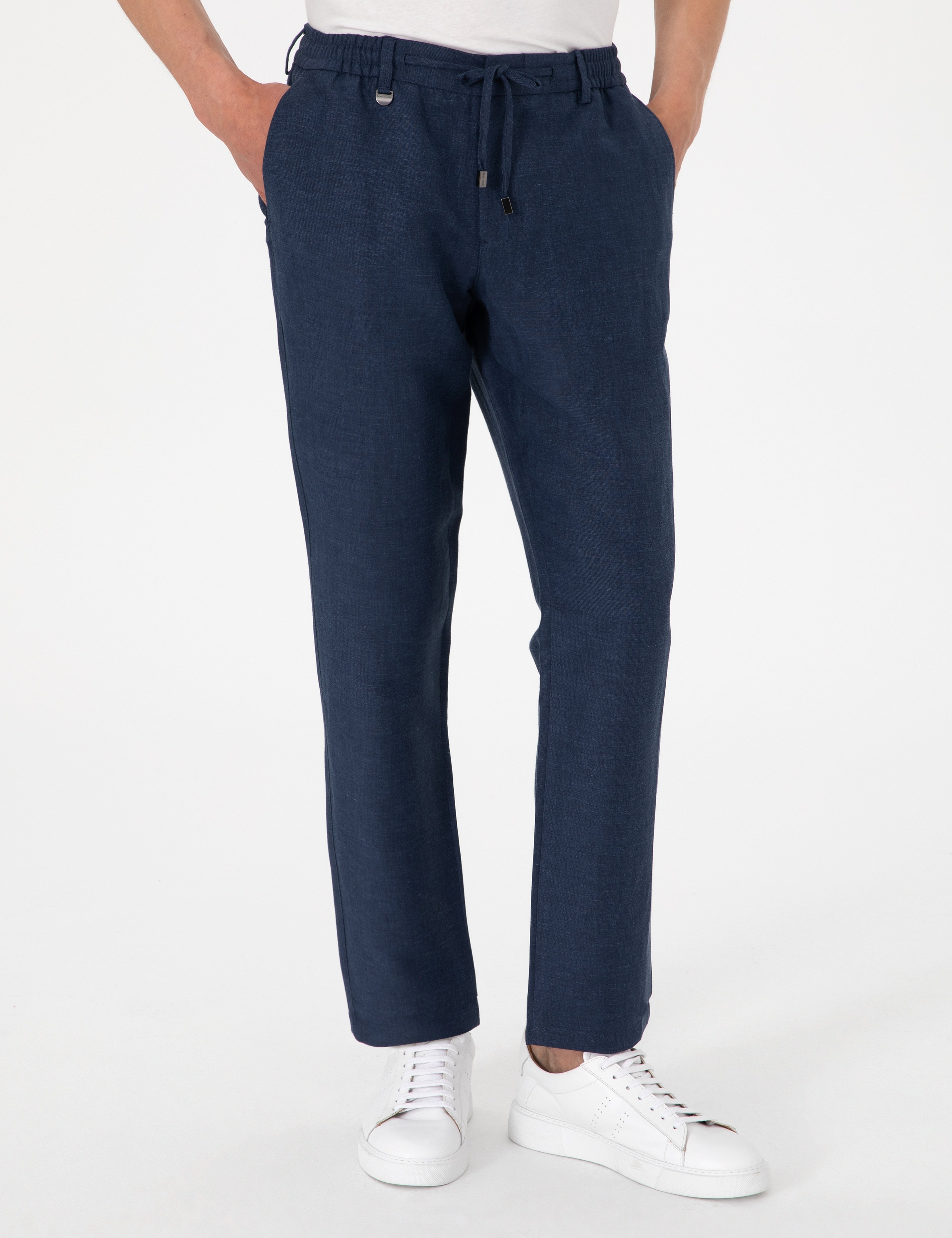 Lacivert Slim Fit Keten Karışımlı Pantolon