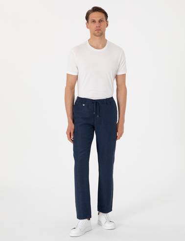 Lacivert Slim Fit Keten Karışımlı Pantolon