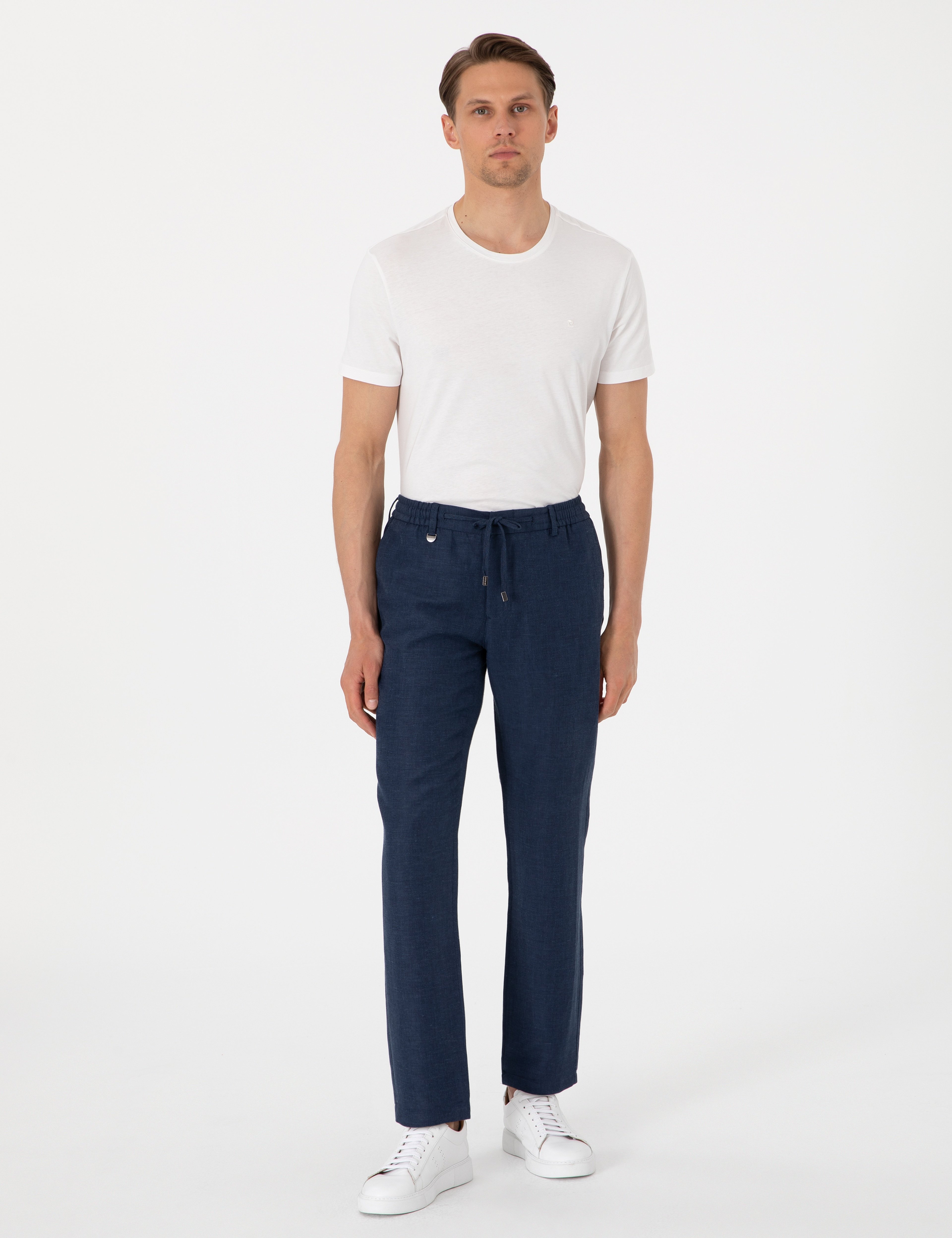 Lacivert Slim Fit Keten Karışımlı Pantolon