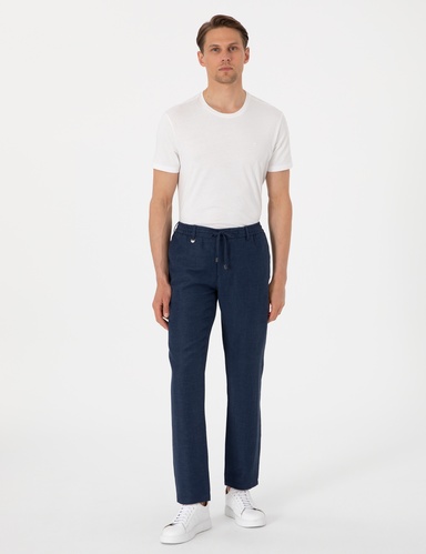 Lacivert Slim Fit Keten Karışımlı Pantolon