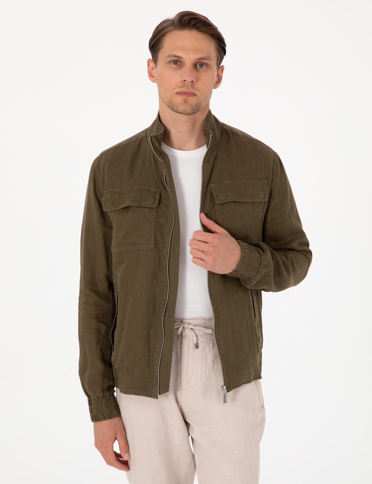 Haki Hakim Yaka Keten Mevsimlik Mont