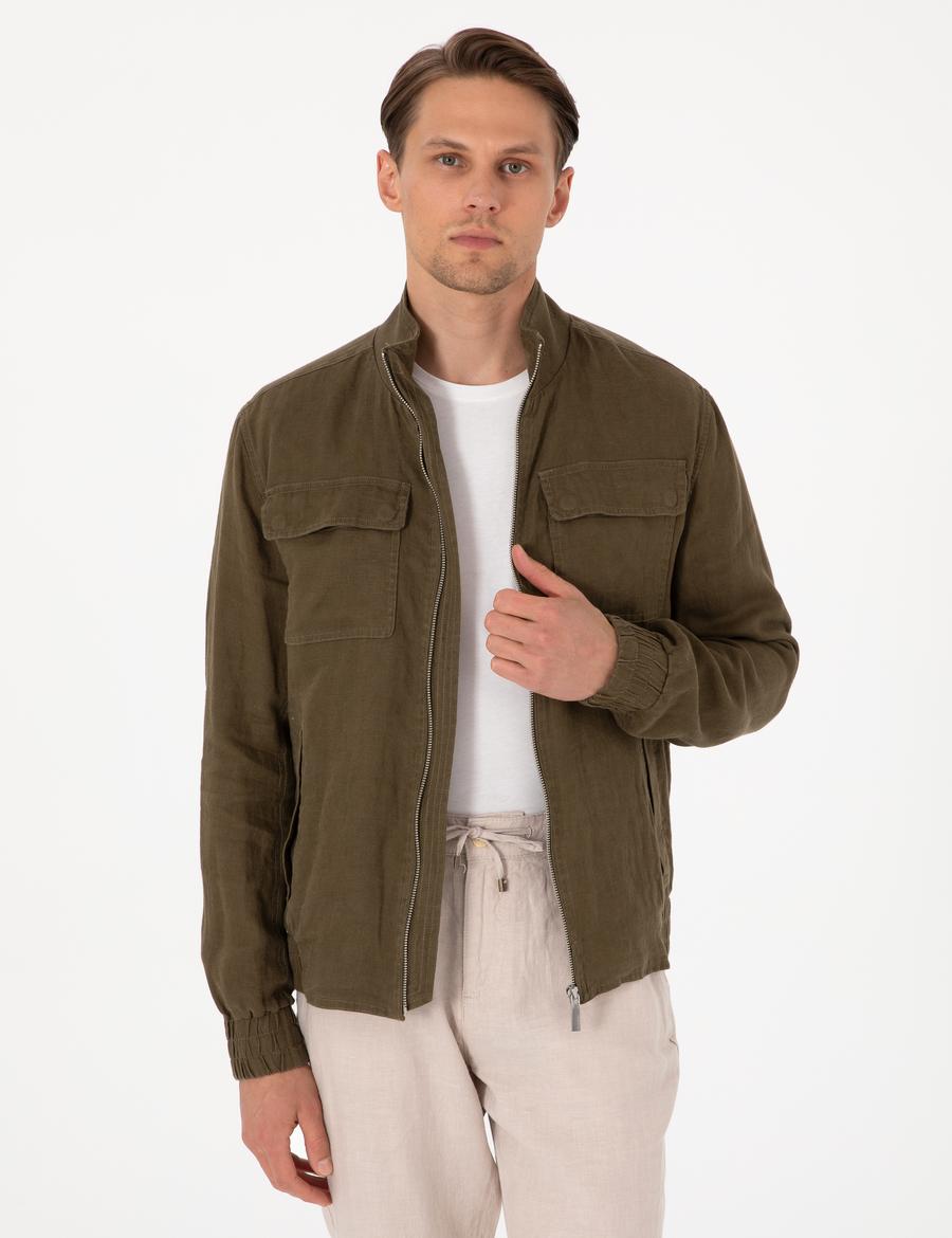 Haki Hakim Yaka Keten Mevsimlik Mont