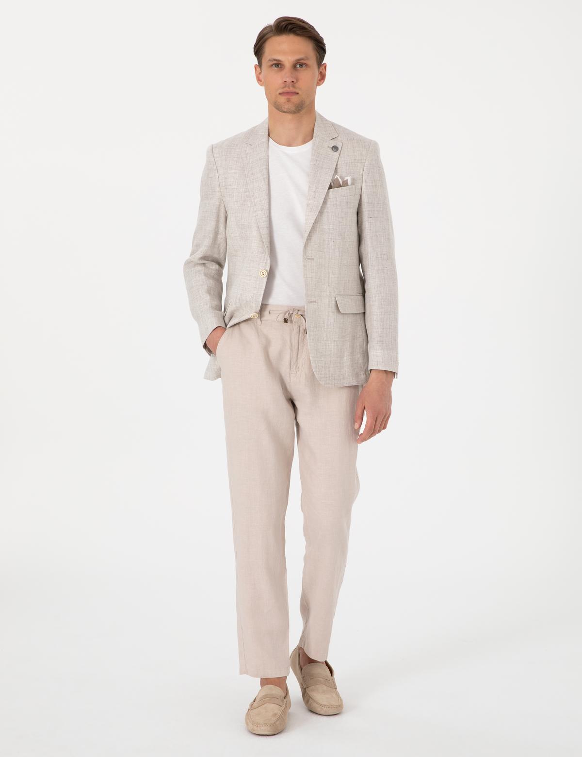 Bej Slim Fit Keten Ceket - 50303654008