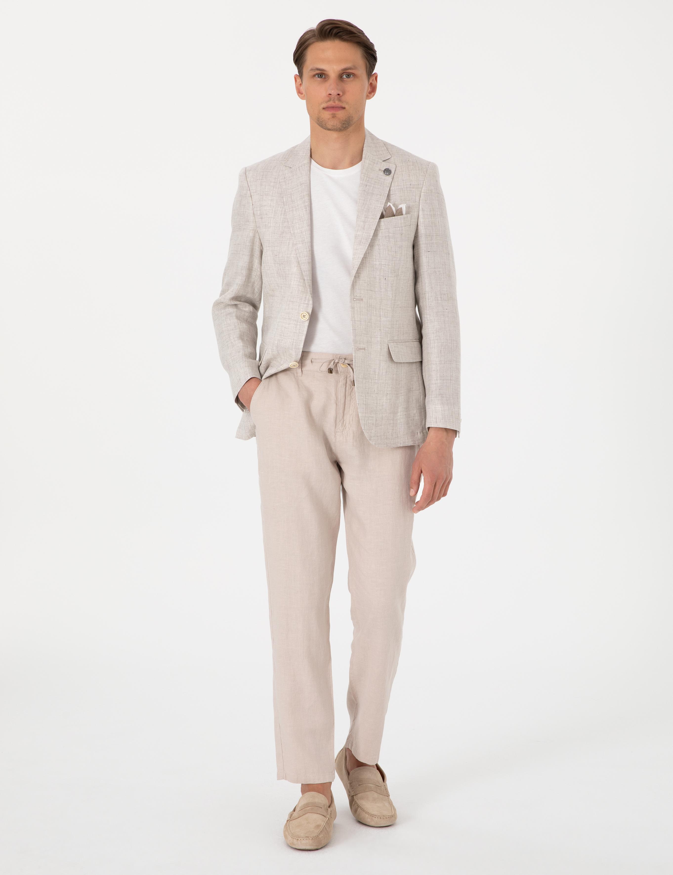 Bej Slim Fit Keten Ceket