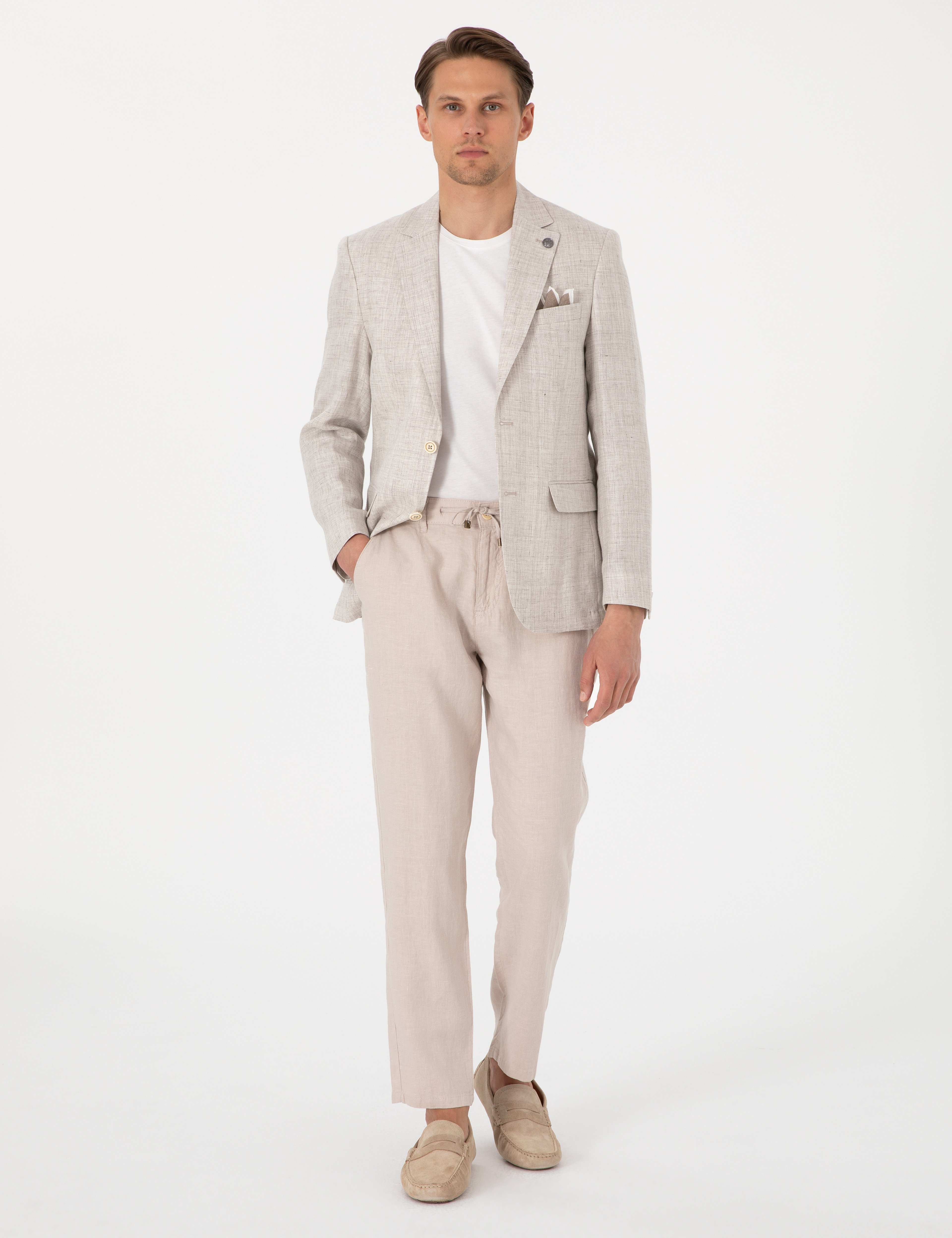 Bej Slim Fit Keten Ceket - Image 4