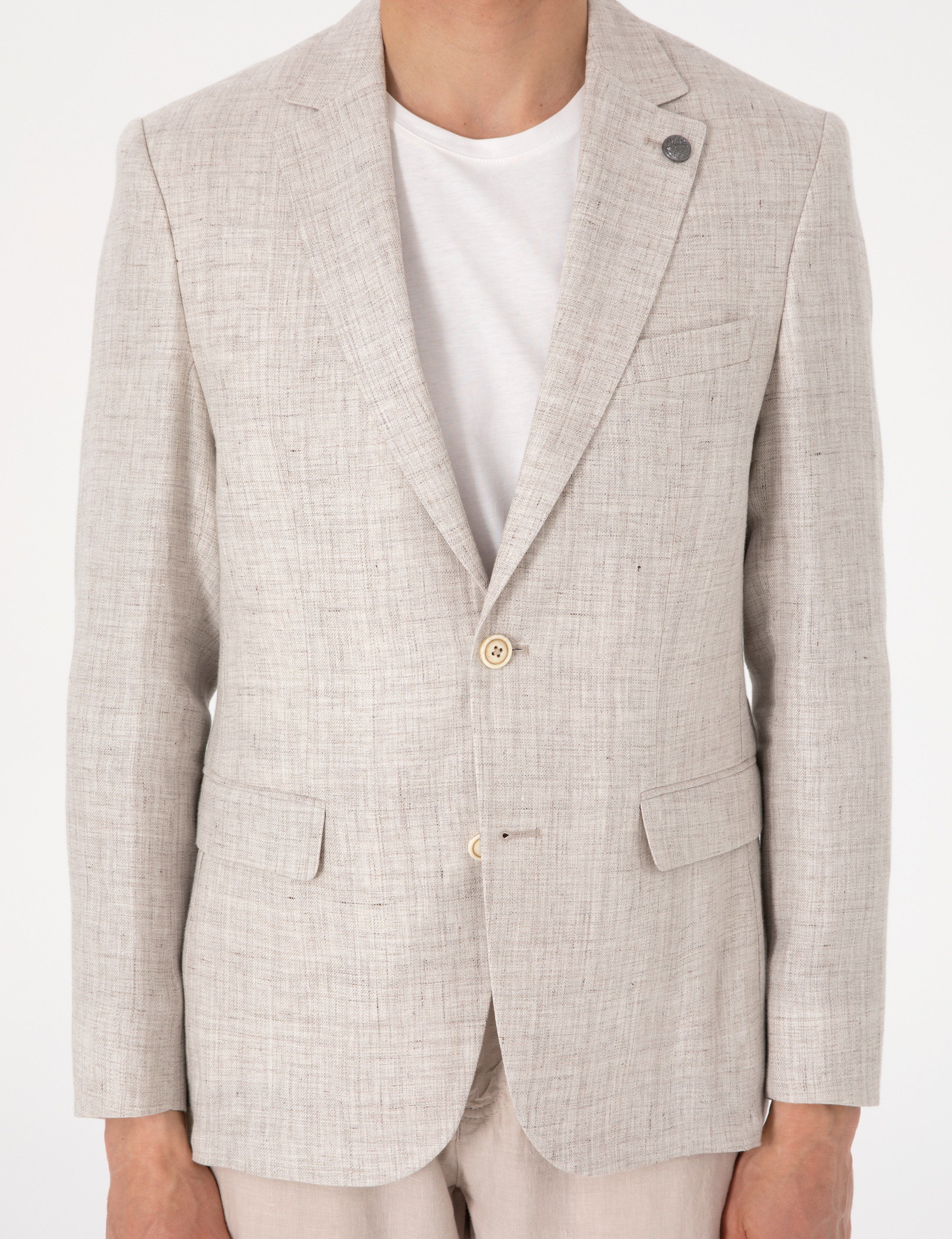 Bej Slim Fit Keten Ceket - Image 7