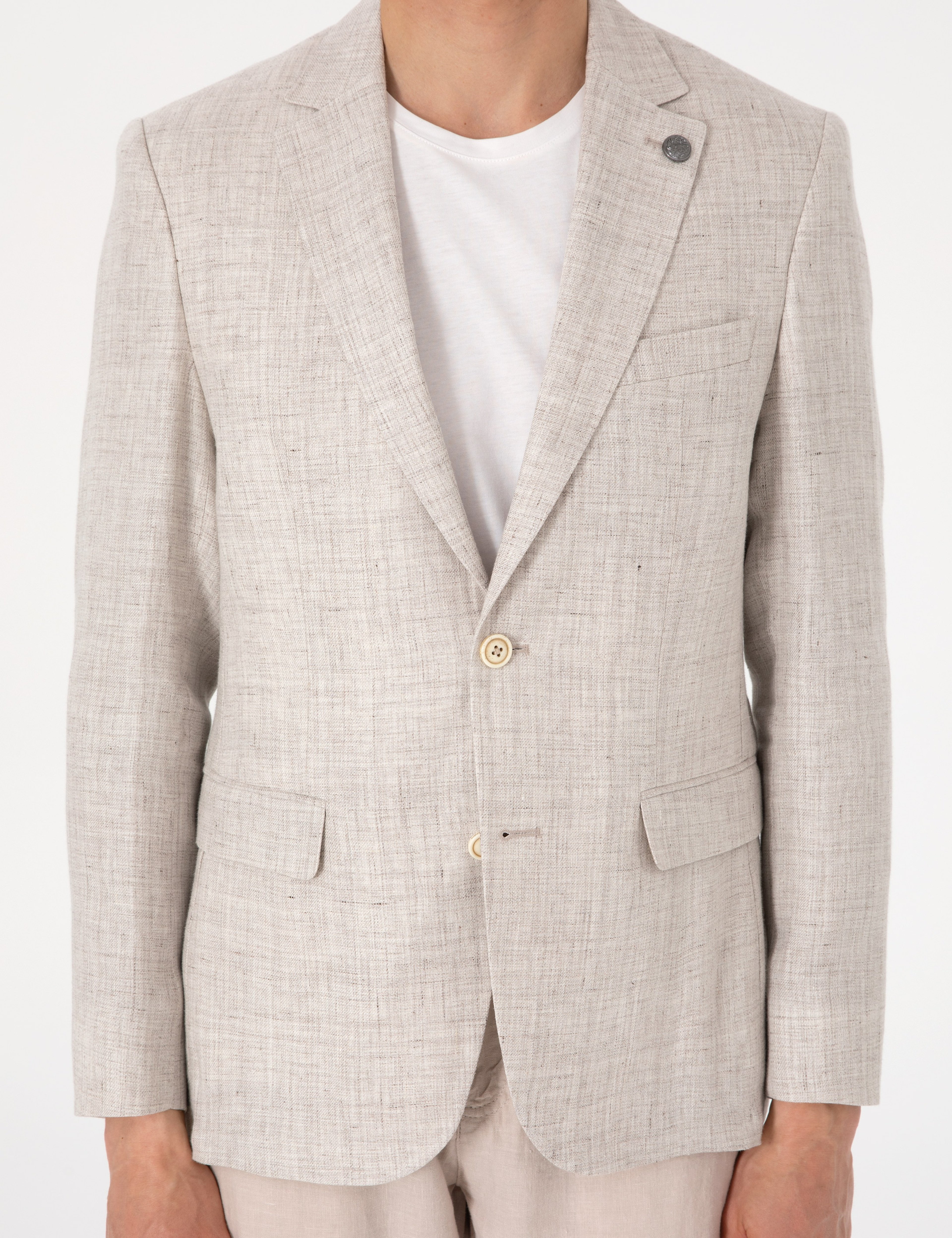Bej Slim Fit Keten Ceket