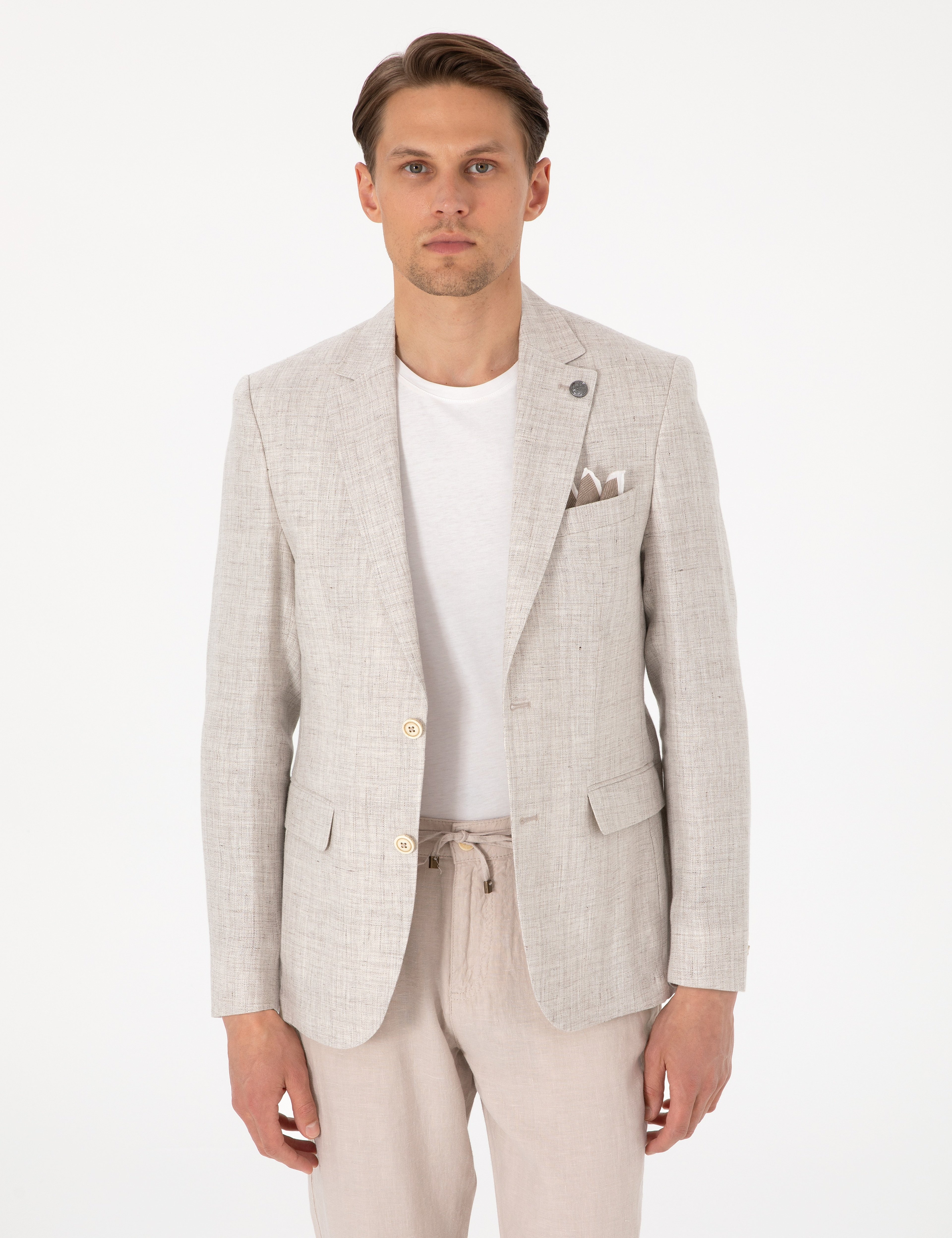 Bej Slim Fit Keten Ceket