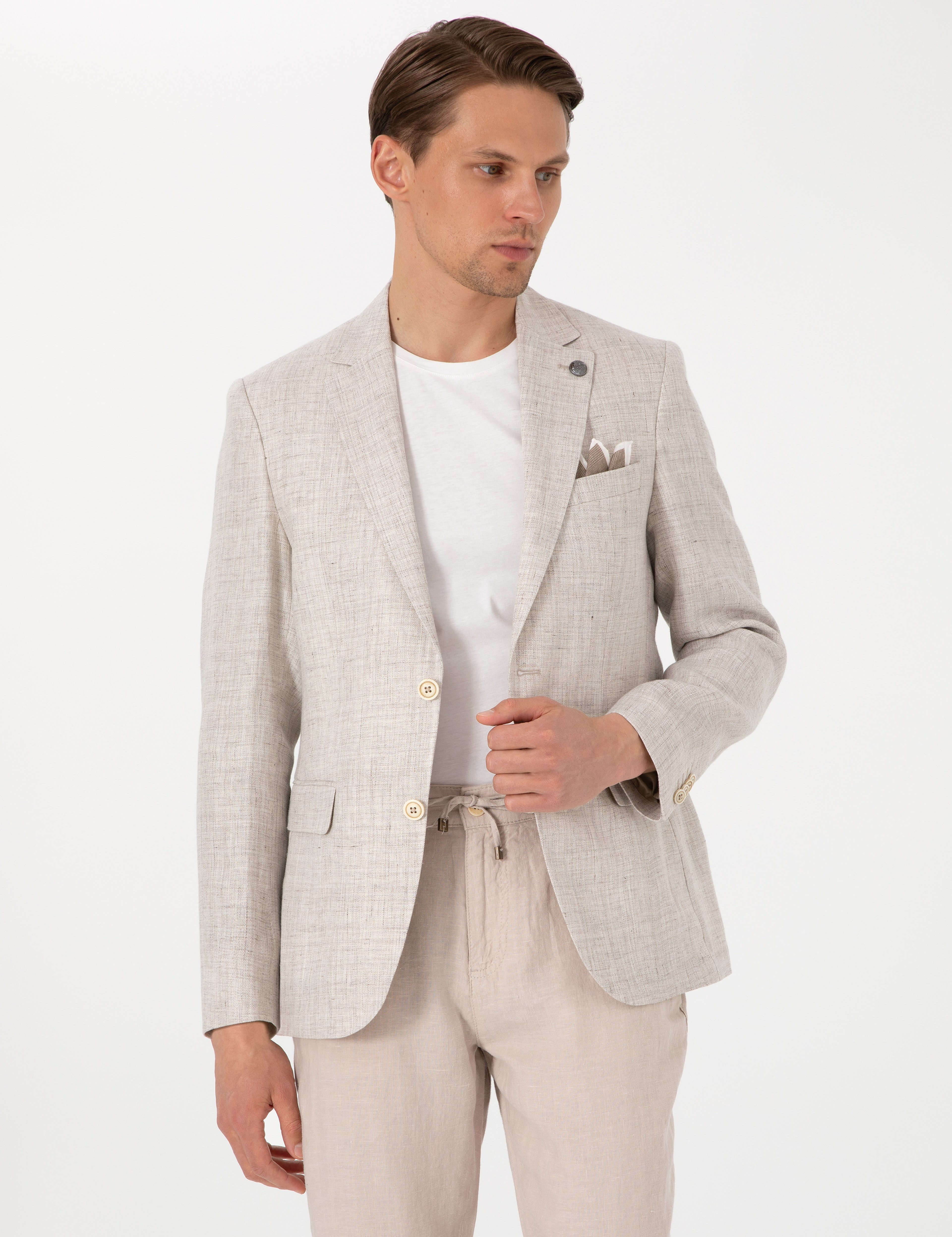 Bej Slim Fit Keten Ceket