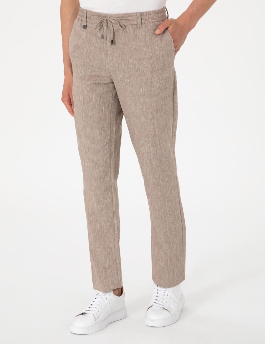 Açık Kahverengi Ex. Slim Fit Keten Karışımlı Pantolon