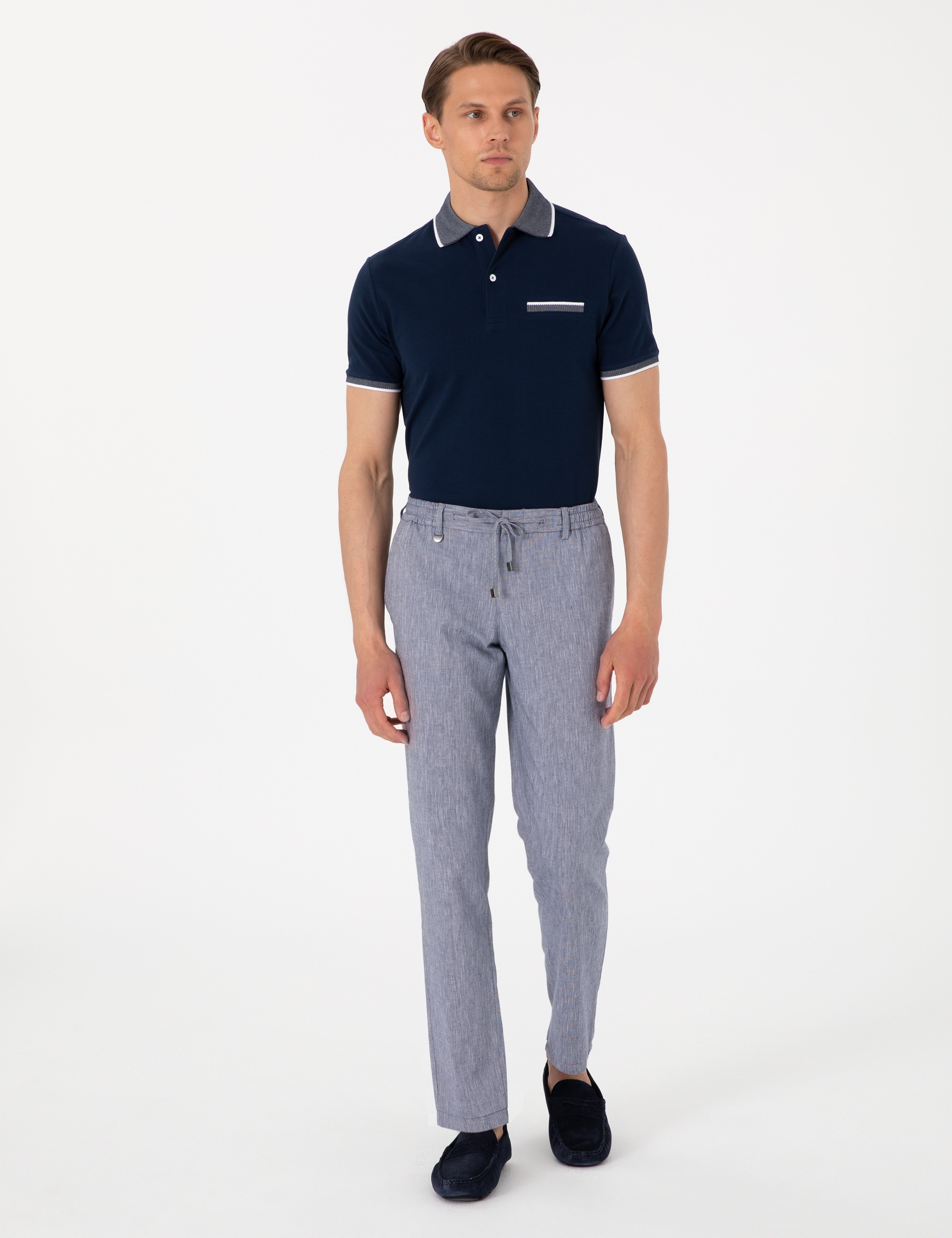 Koyu Mavi Ex. Slim Fit Keten Karışımlı Pantolon