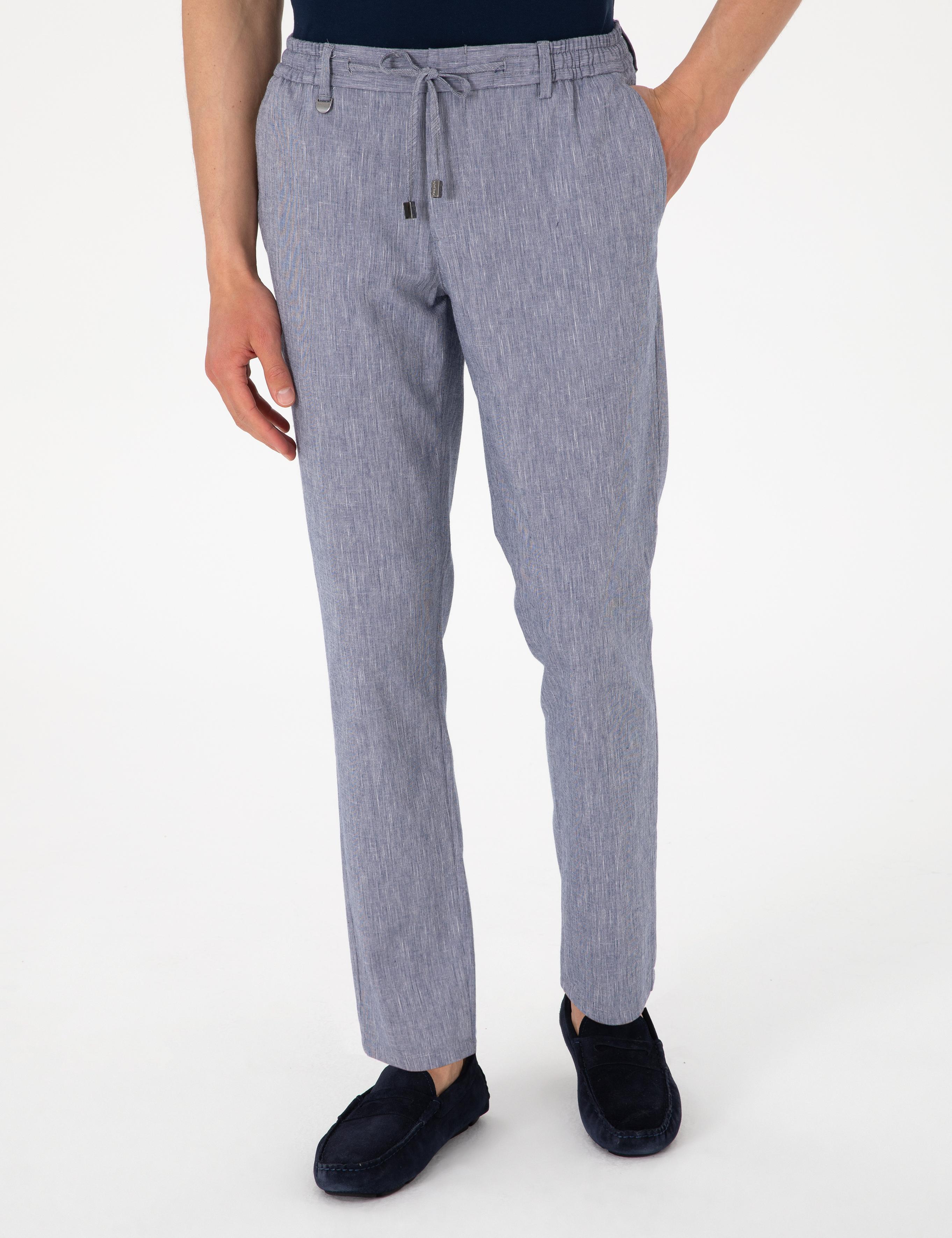 Koyu Mavi Ex. Slim Fit Keten Karışımlı Pantolon