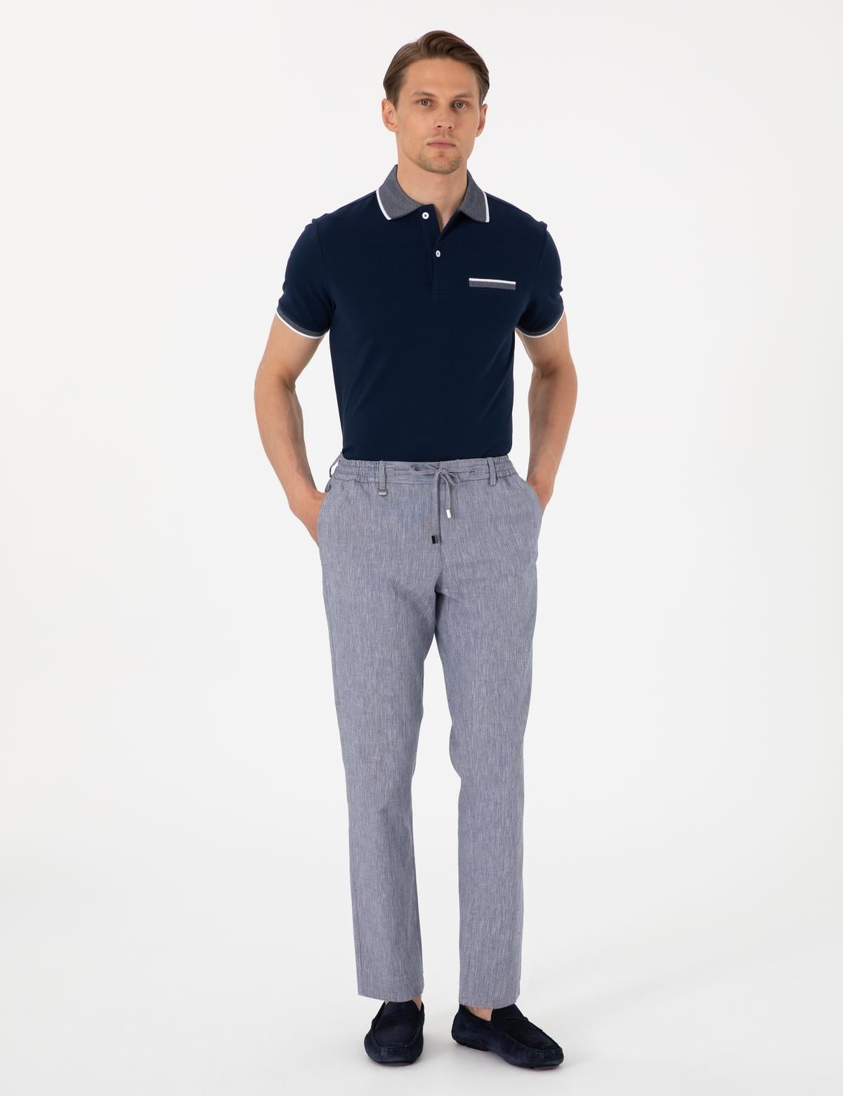 Koyu Mavi Ex. Slim Fit Keten Karışımlı Pantolon