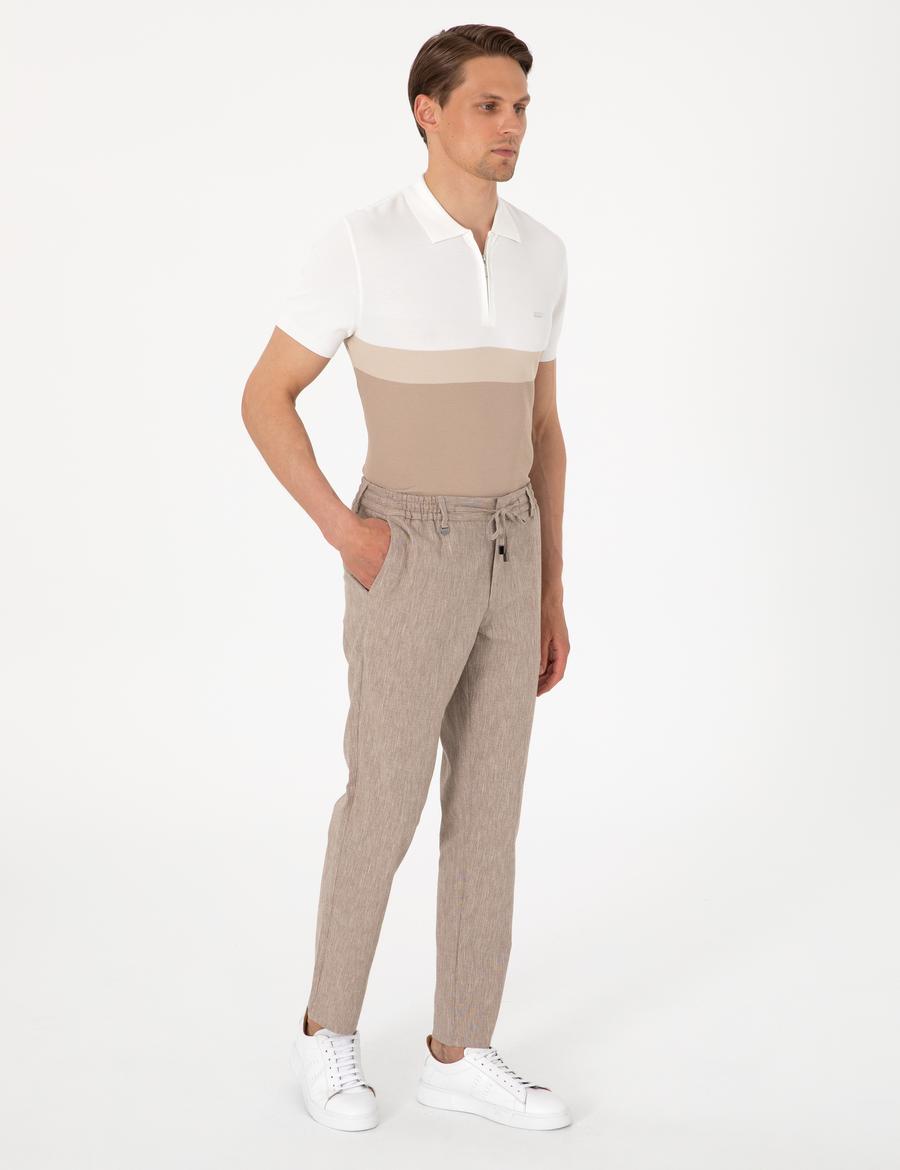 Açık Kahverengi Ex. Slim Fit Keten Karışımlı Pantolon