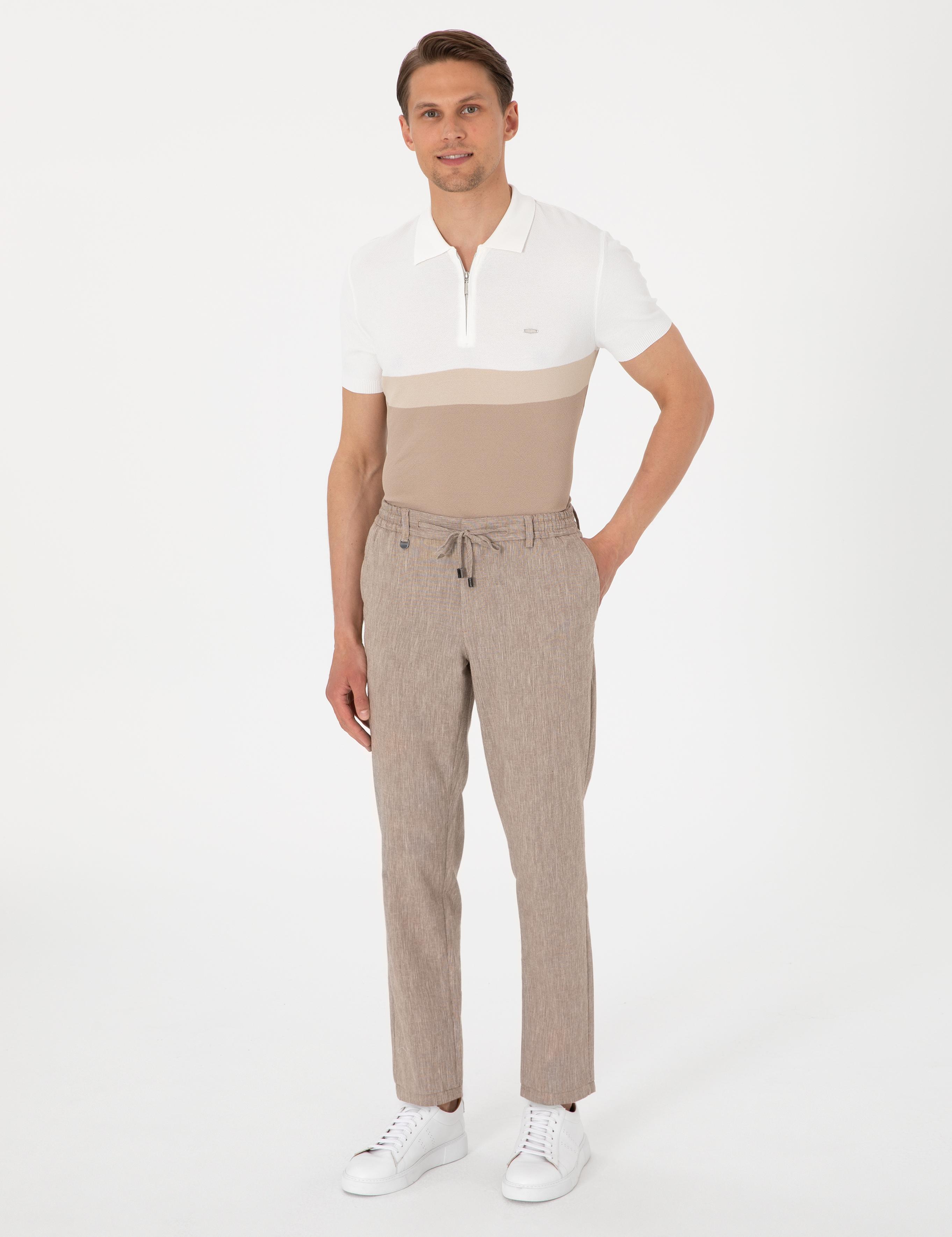 Açık Kahverengi Ex. Slim Fit Keten Karışımlı Pantolon