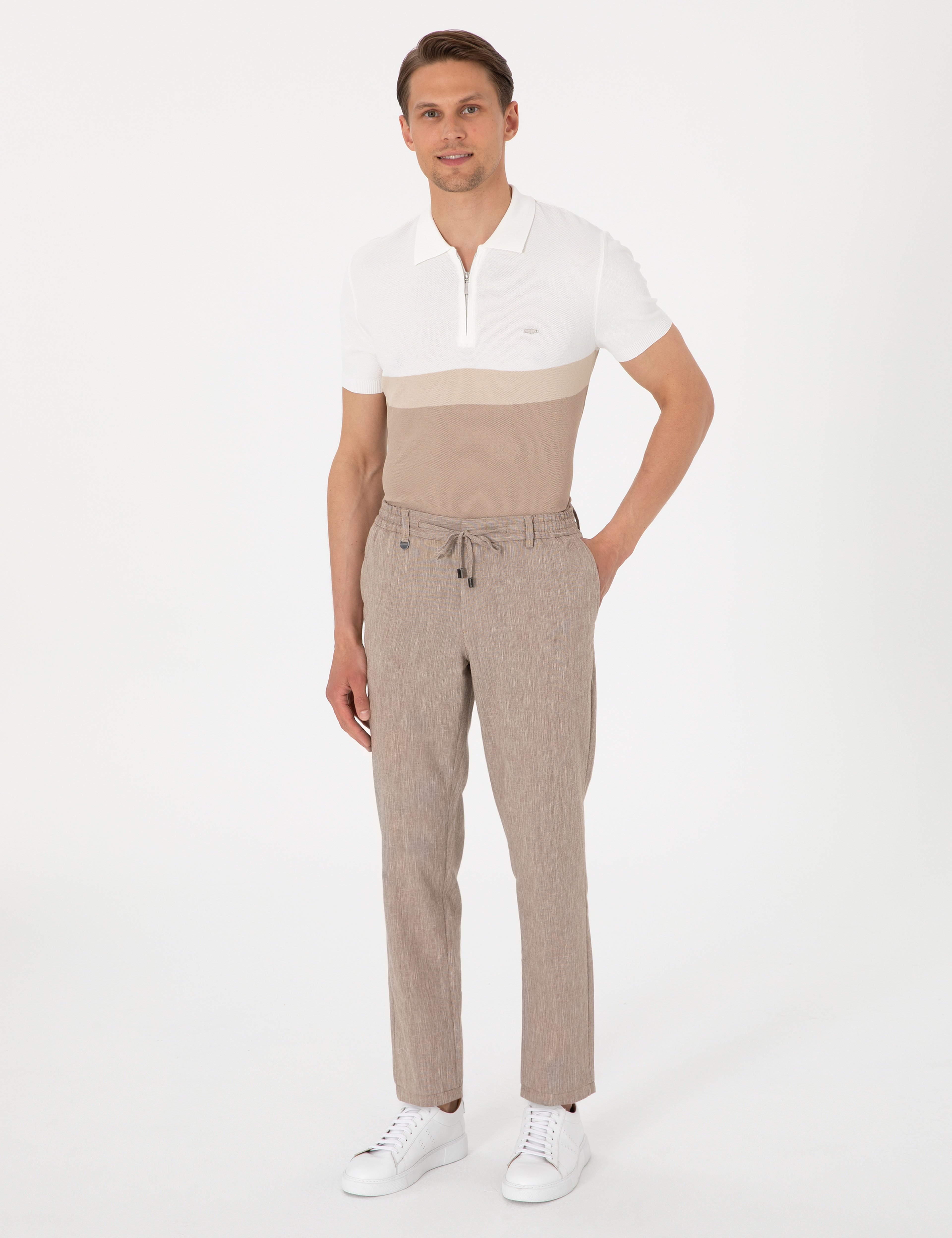 Açık Kahverengi Ex. Slim Fit Keten Karışımlı Pantolon