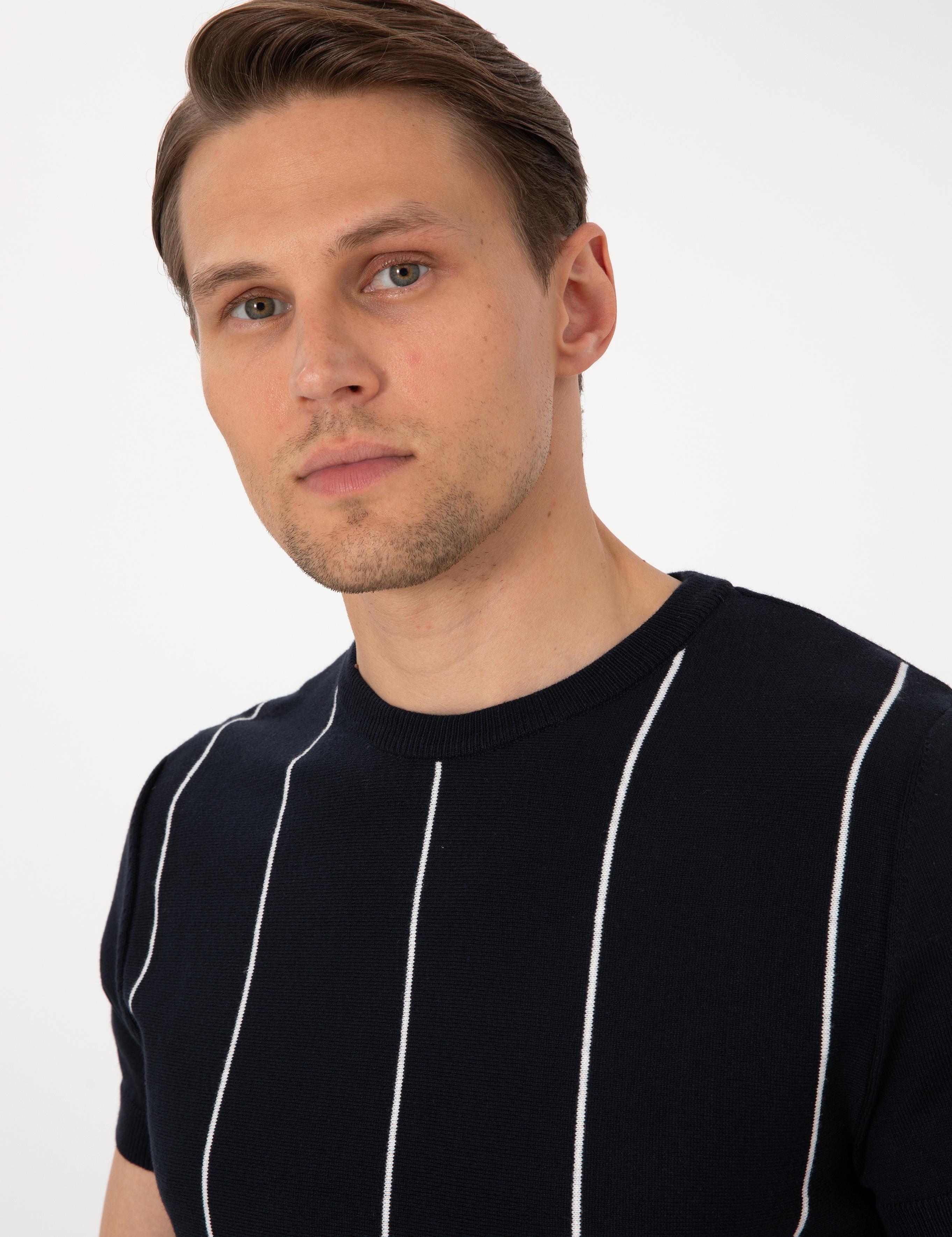 Lacivert Slim Fit  Bisiklet Yaka Çizgili Triko Tişört