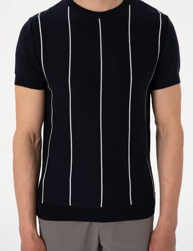 Lacivert Slim Fit  Bisiklet Yaka Çizgili Triko Tişört