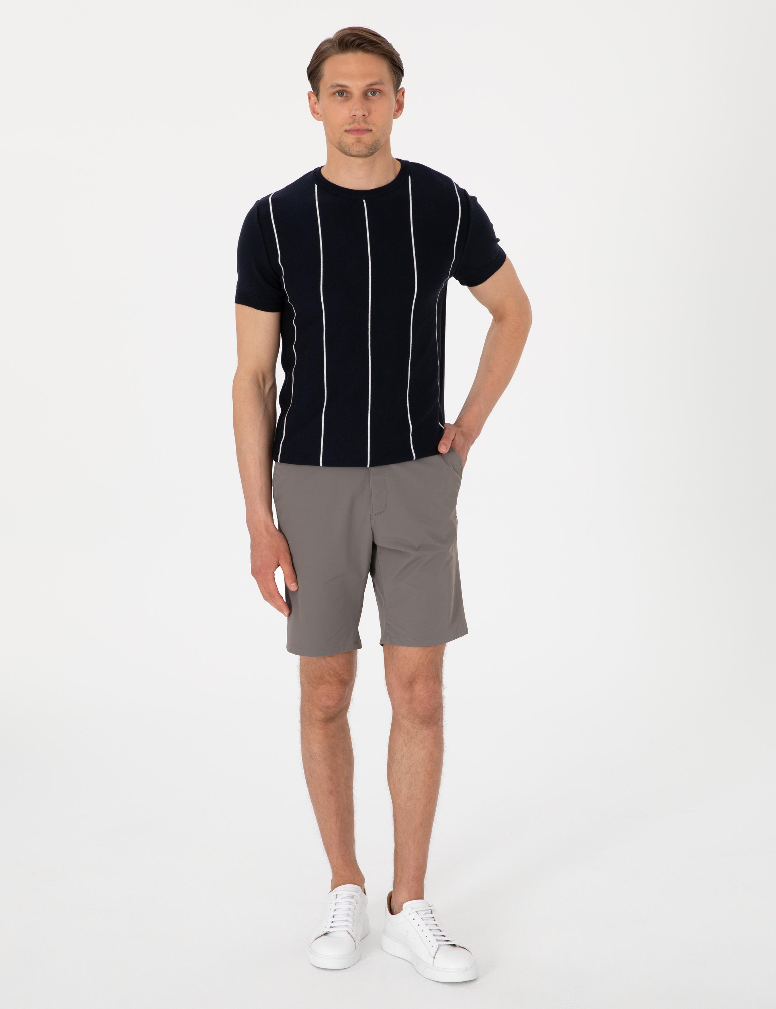 Lacivert Slim Fit  Bisiklet Yaka Çizgili Triko Tişört