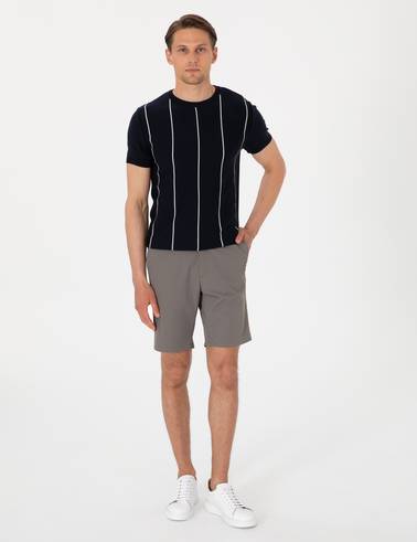 Lacivert Slim Fit  Bisiklet Yaka Çizgili Triko Tişört