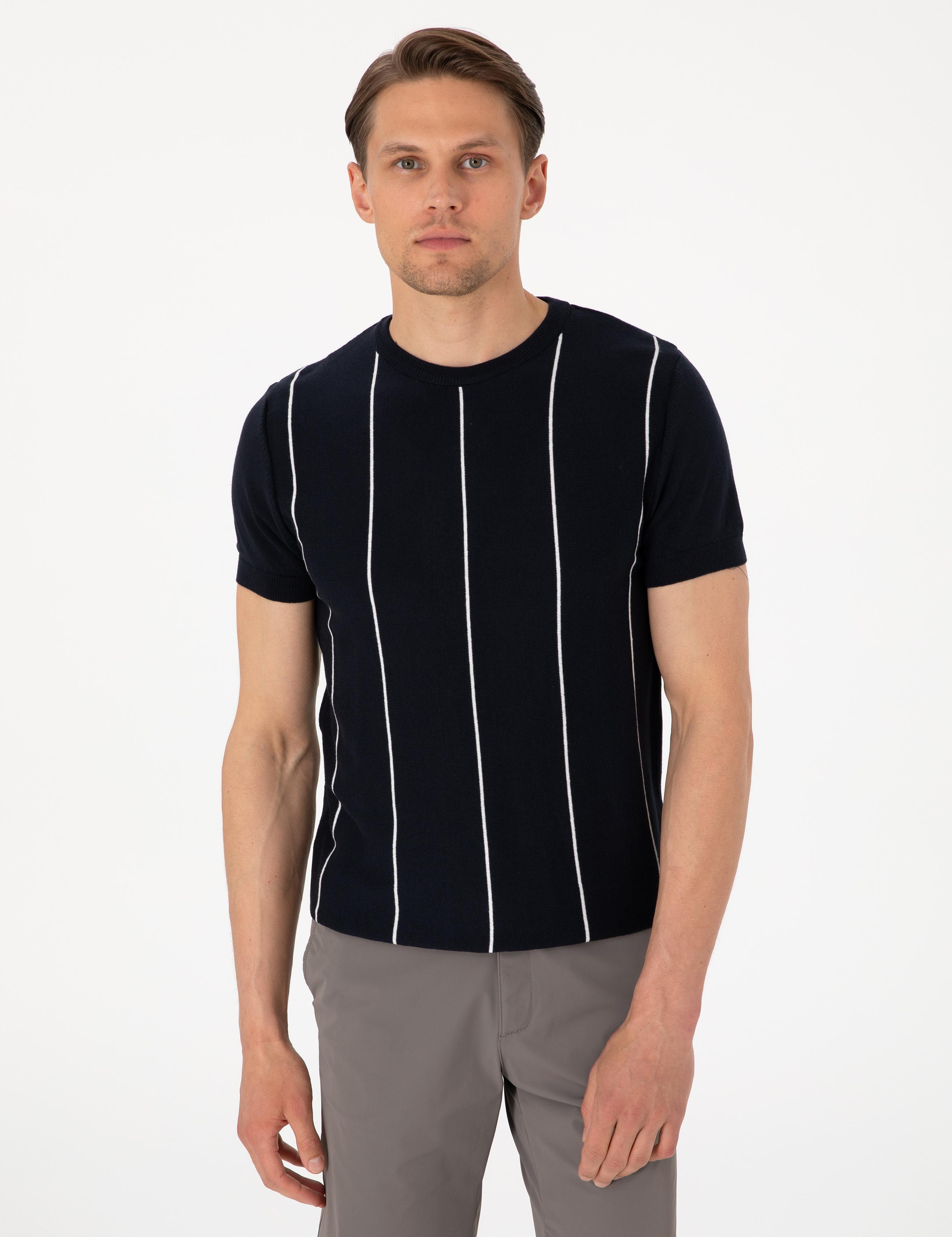 Lacivert Slim Fit  Bisiklet Yaka Çizgili Triko Tişört