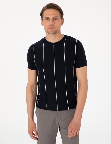 Lacivert Slim Fit  Bisiklet Yaka Çizgili Triko Tişört - 50307332001