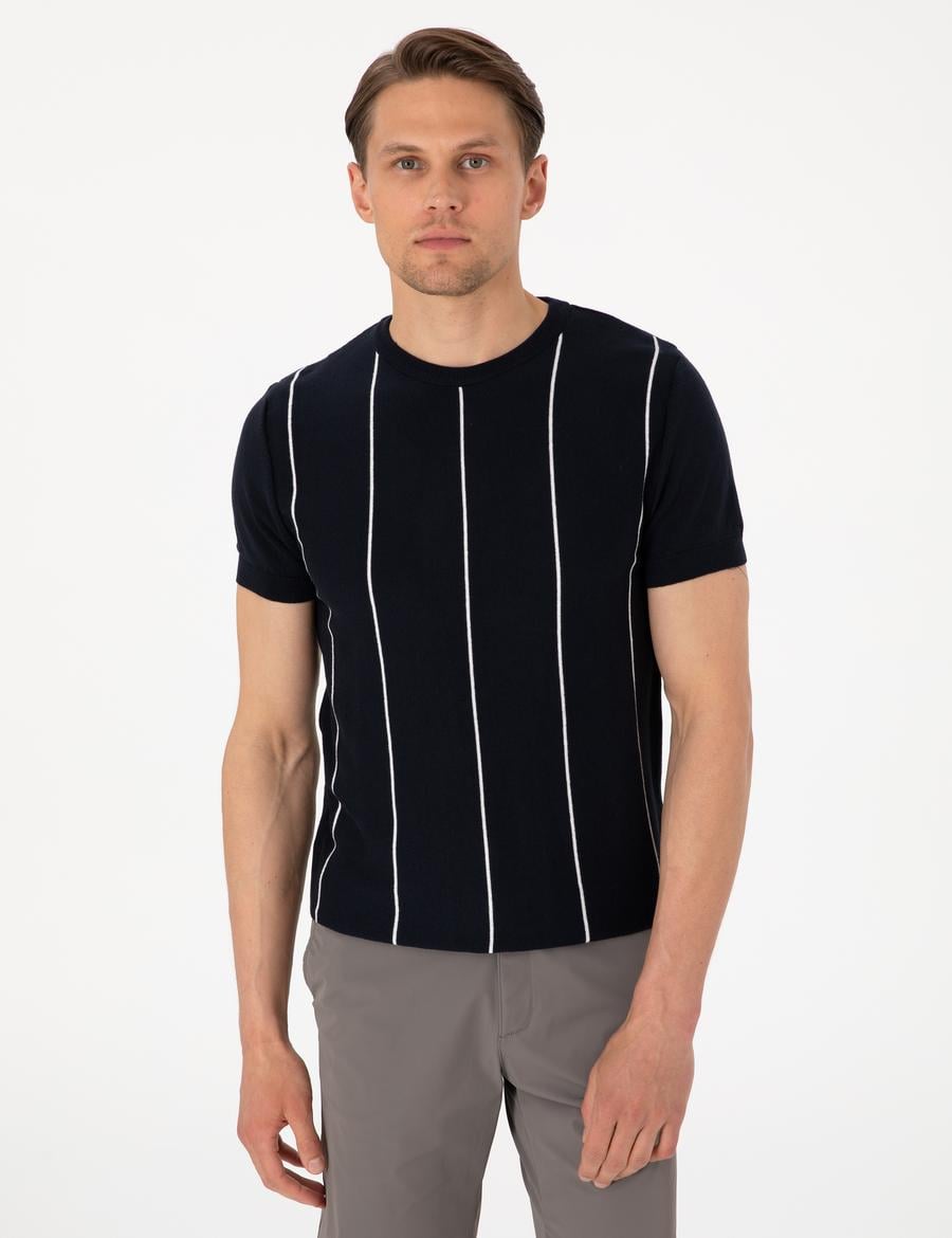 Lacivert Slim Fit  Bisiklet Yaka Çizgili Triko Tişört