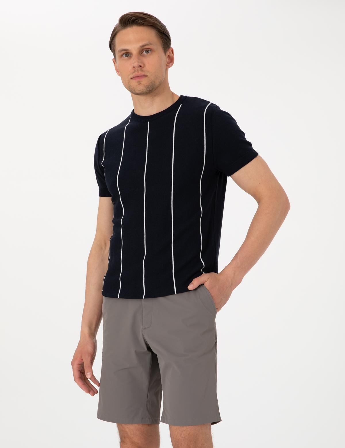 Lacivert Slim Fit  Bisiklet Yaka Çizgili Triko Tişört - 50307332001