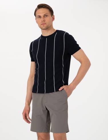 Lacivert Slim Fit  Bisiklet Yaka Çizgili Triko Tişört
