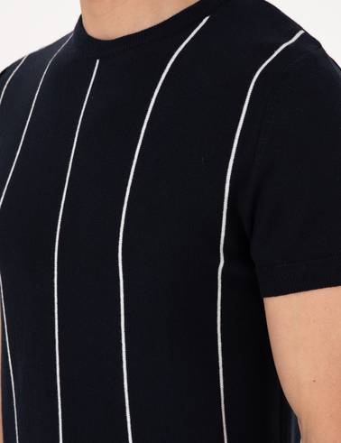 Lacivert Slim Fit  Bisiklet Yaka Çizgili Triko Tişört