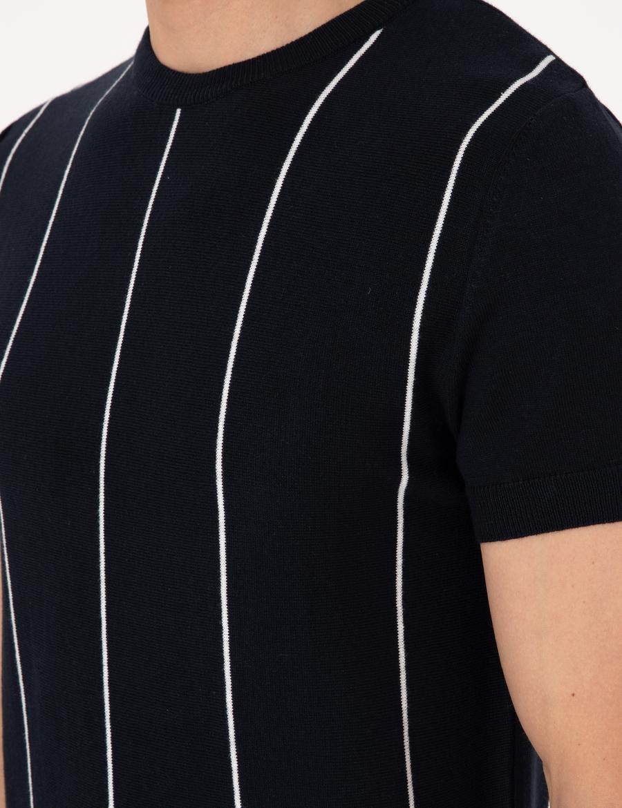 Lacivert Slim Fit  Bisiklet Yaka Çizgili Triko Tişört