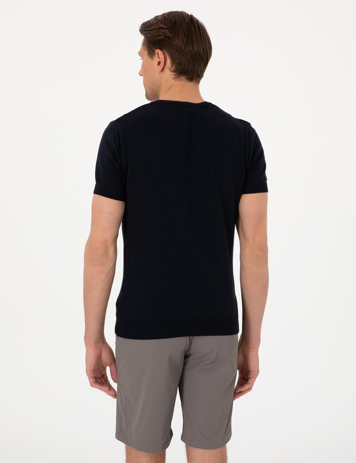 Lacivert Slim Fit  Bisiklet Yaka Çizgili Triko Tişört - 50307332001