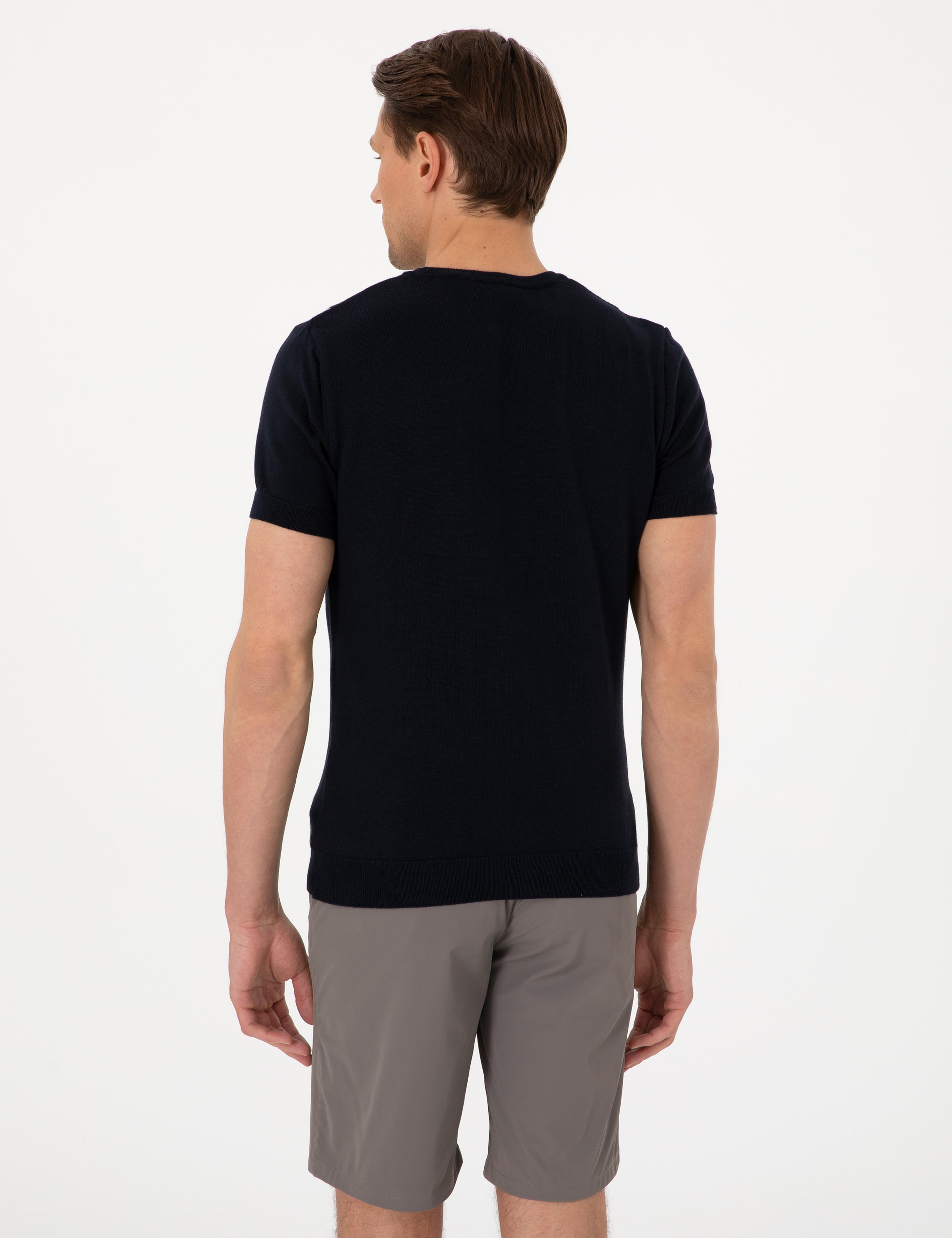 Lacivert Slim Fit  Bisiklet Yaka Çizgili Triko Tişört