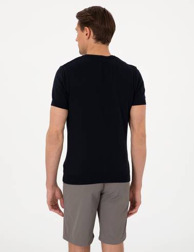 Lacivert Slim Fit  Bisiklet Yaka Çizgili Triko Tişört