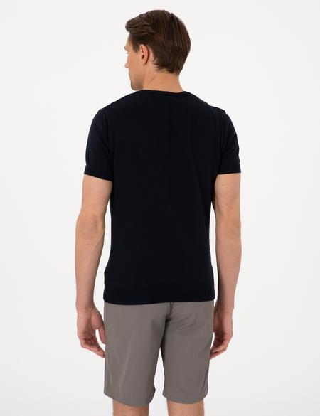 Lacivert Slim Fit  Bisiklet Yaka Çizgili Triko Tişört - 50307332001